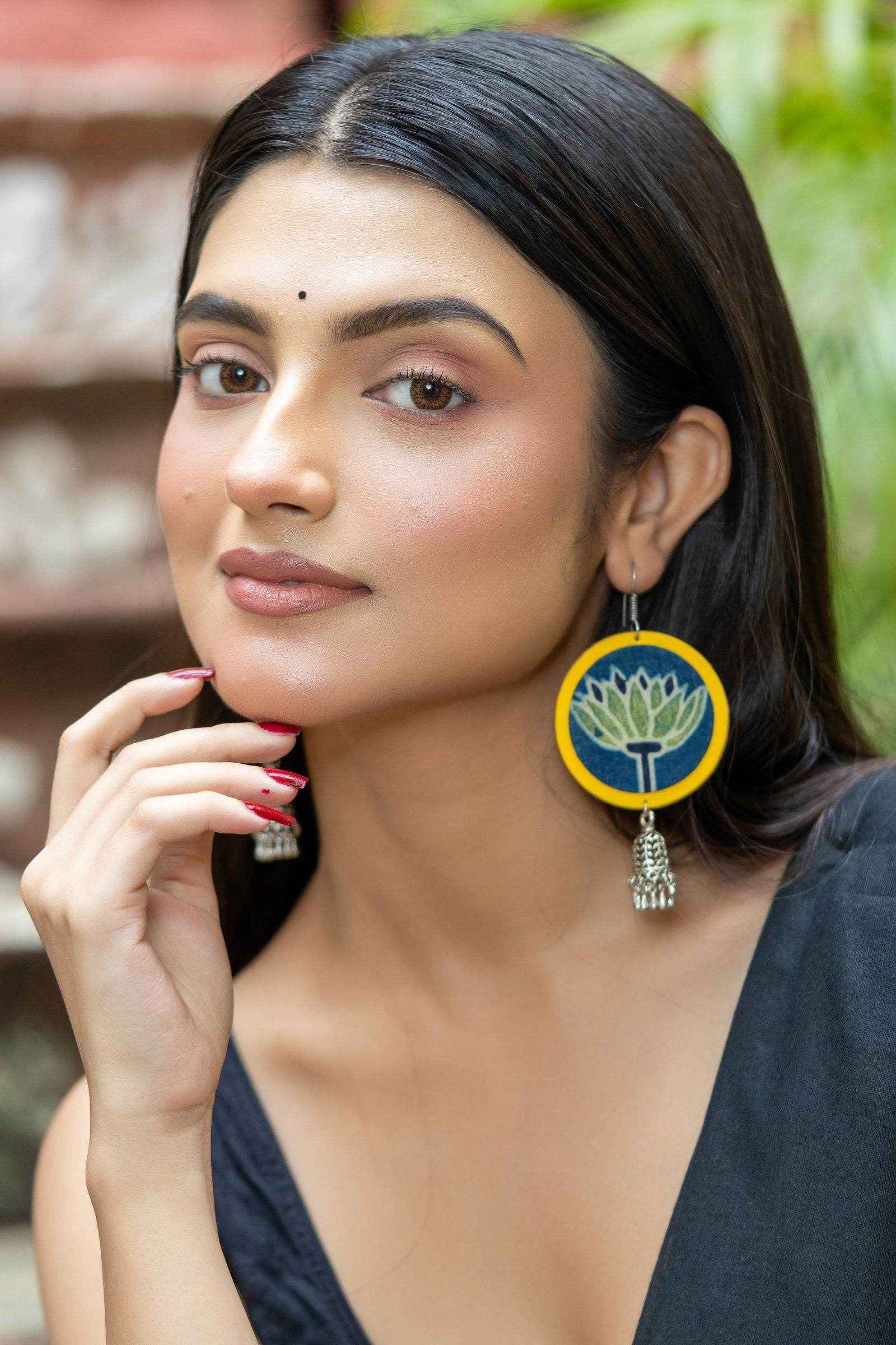 Handmade Fabric with German Silver Jhumka Earrings in Vibrant Yellow, Blue, Green - Unique Artisan Design - Lookandadorn.com