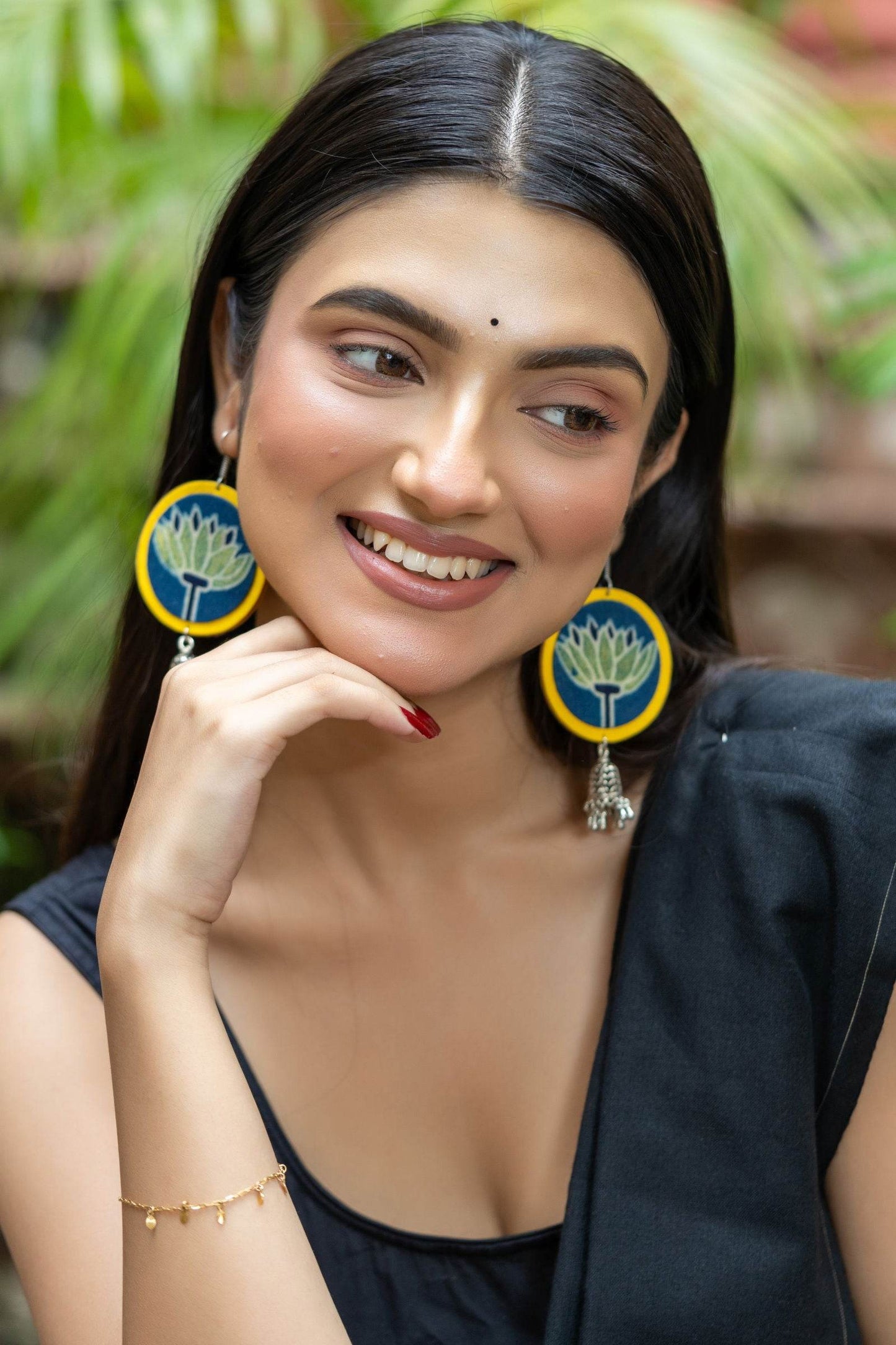 Handmade Fabric with German Silver Jhumka Earrings in Vibrant Yellow, Blue, Green - Unique Artisan Design - Lookandadorn.com