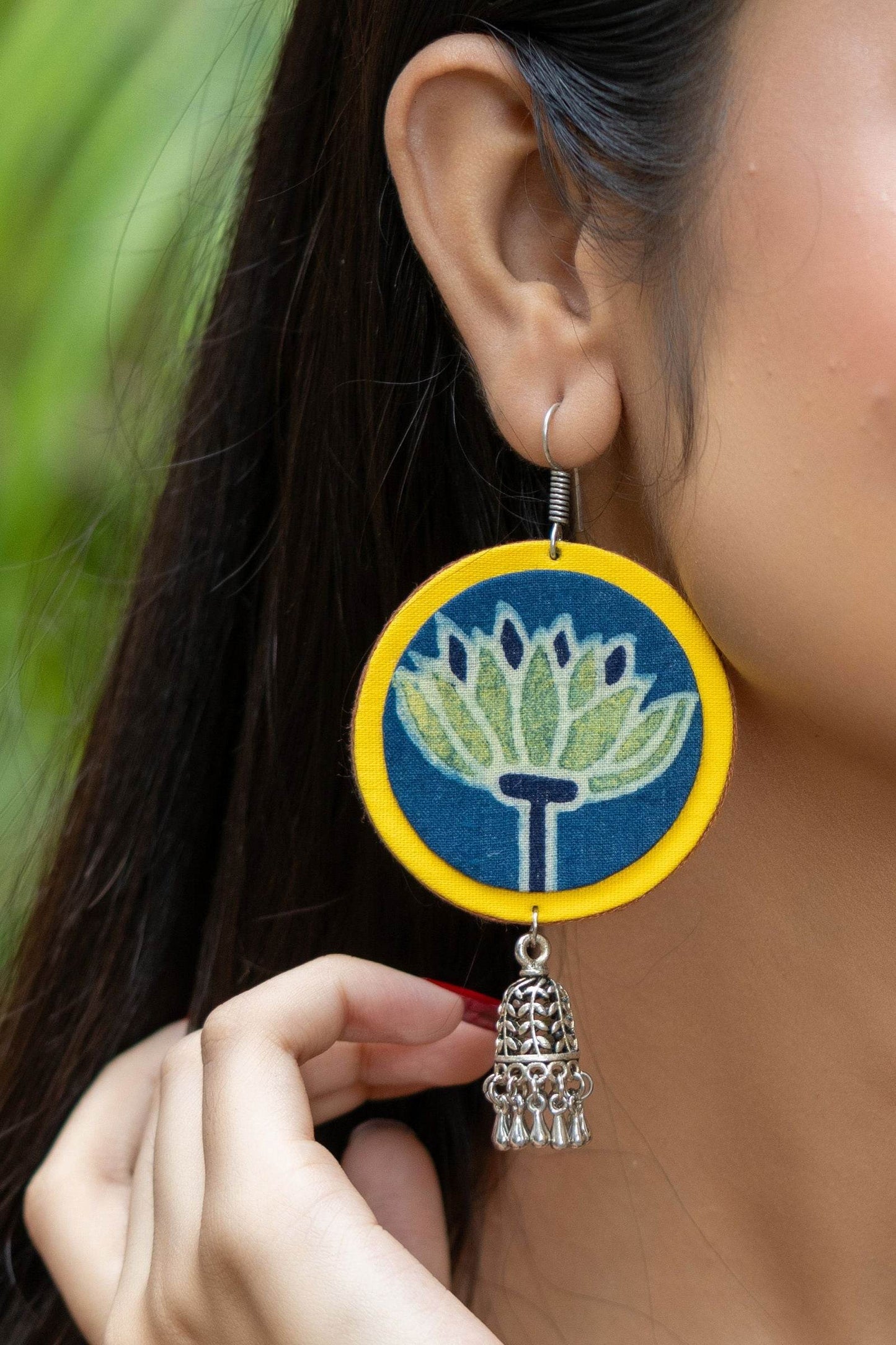 Handmade Fabric with German Silver Jhumka Earrings in Vibrant Yellow, Blue, Green - Unique Artisan Design - Lookandadorn.com