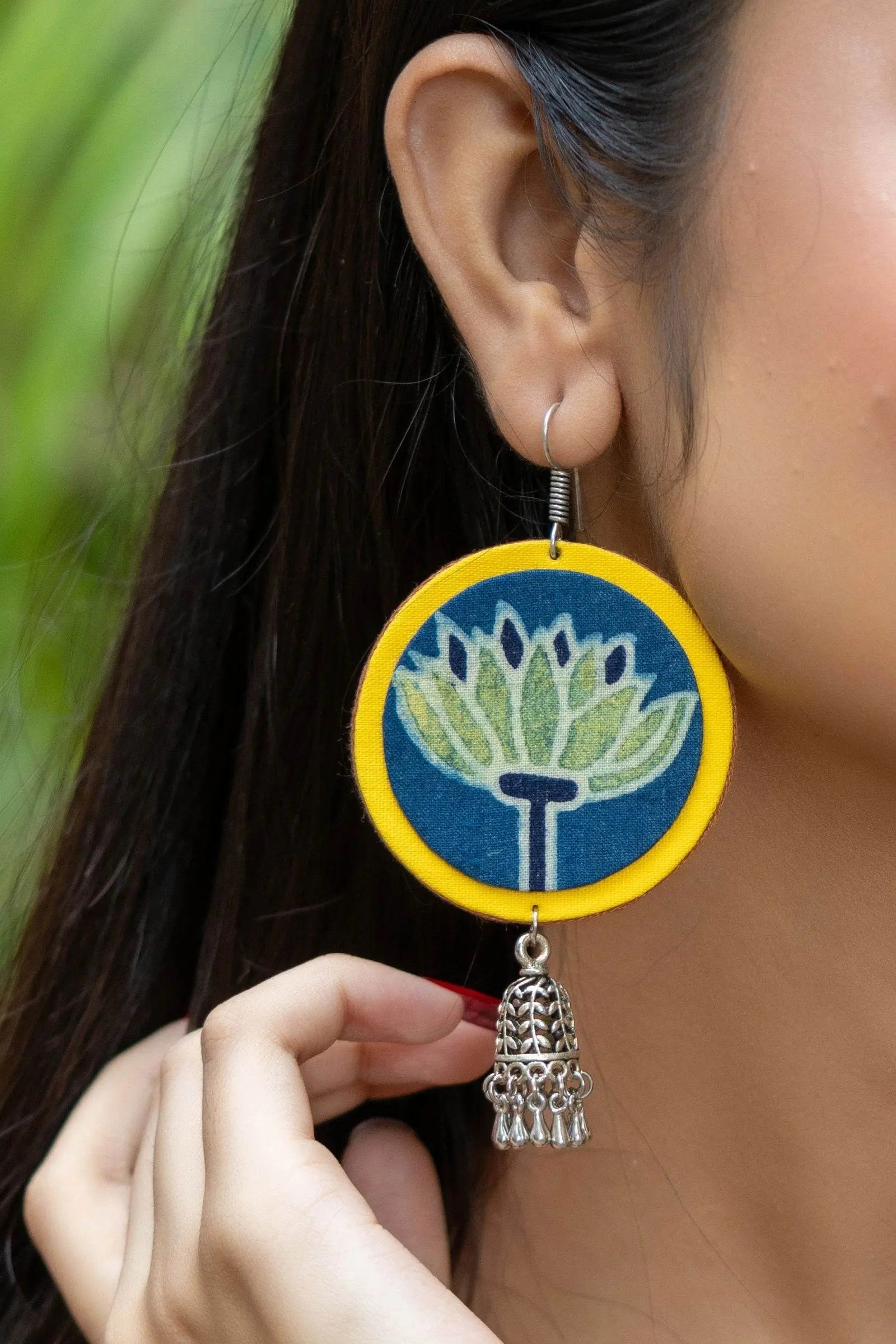 Handmade Fabric with German Silver Jhumka Earrings in Vibrant Yellow, Blue, Green - Unique Artisan Design - Lookandadorn.com