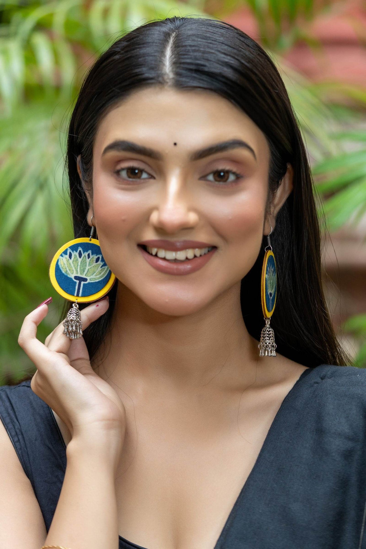 Handmade Fabric with German Silver Jhumka Earrings in Vibrant Yellow, Blue, Green - Unique Artisan Design - Lookandadorn.com