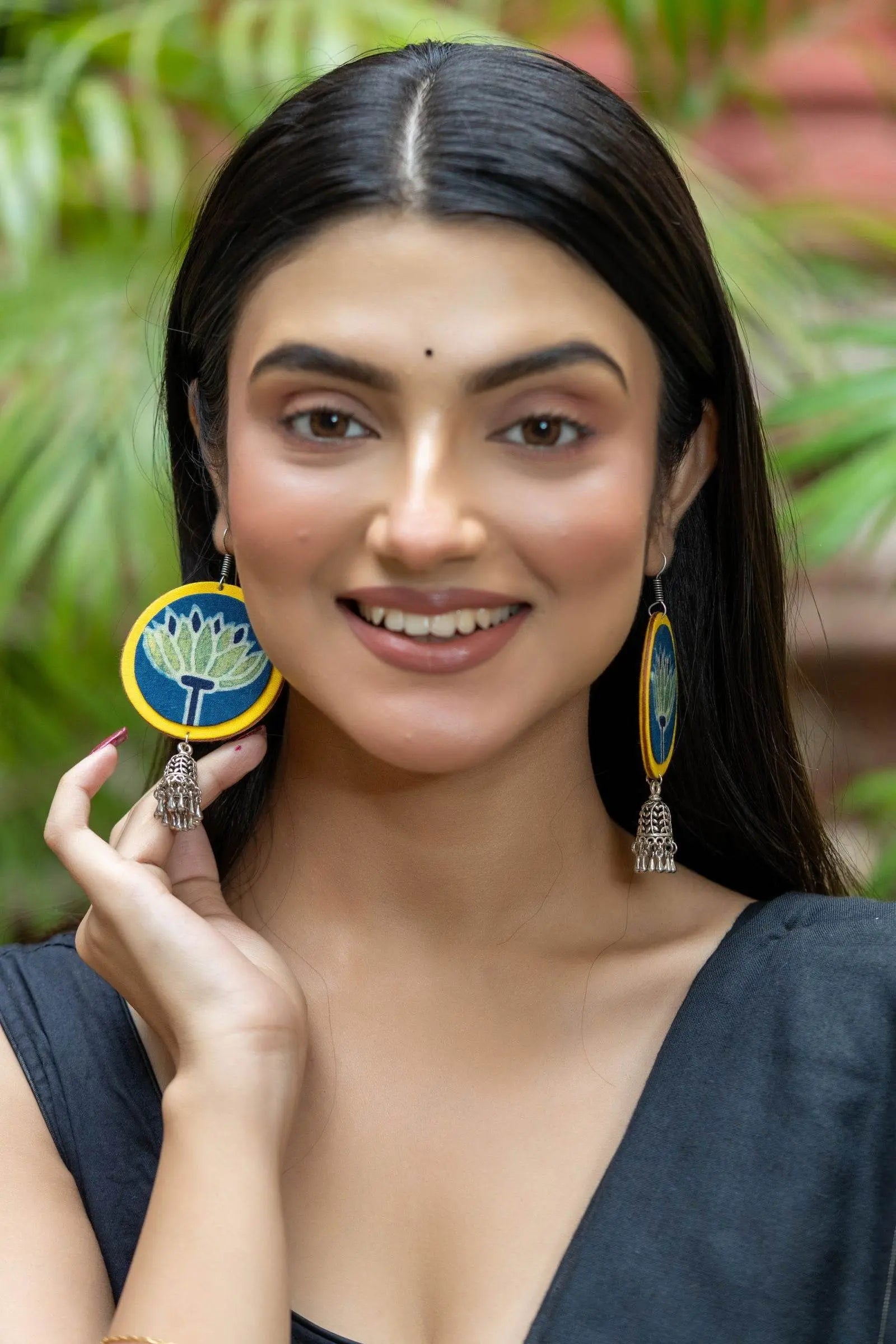 Handmade Fabric with German Silver Jhumka Earrings in Vibrant Yellow, Blue, Green - Unique Artisan Design - Lookandadorn.com