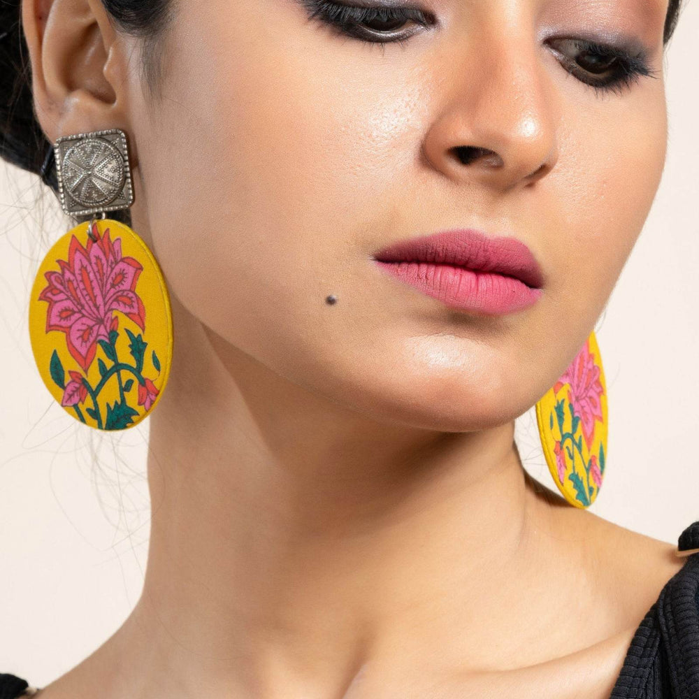 Handmade Yellow Floral Fabric with German Silver Square Stud Earrings for Every Occasion - Lookandadorn.com