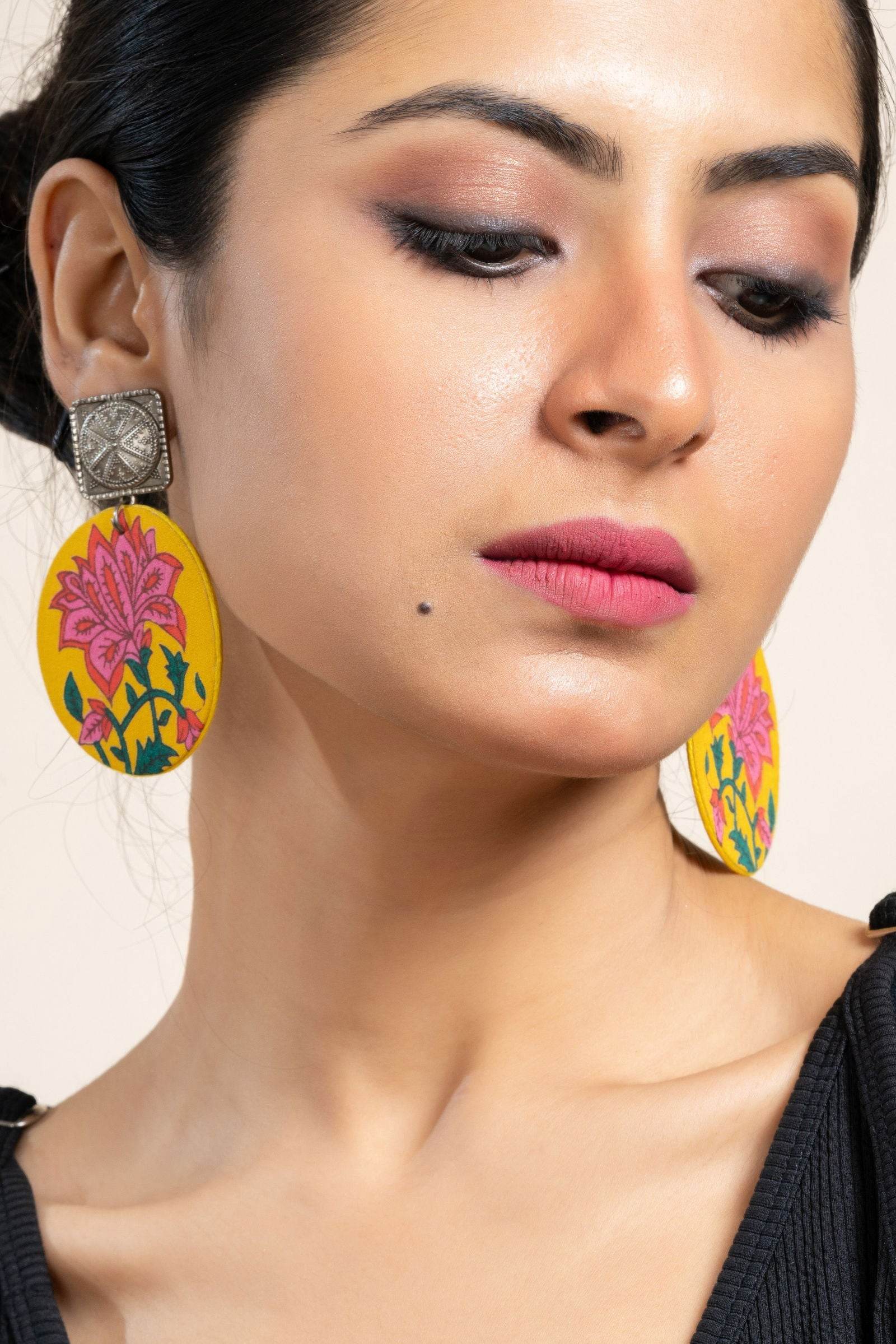 Handmade Yellow Floral Fabric with German Silver Square Stud Earrings for Every Occasion - Lookandadorn.com