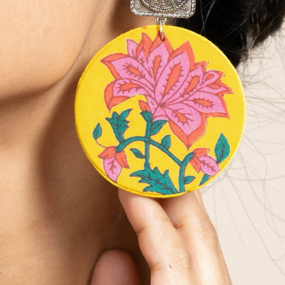 Handmade Yellow Floral Fabric with German Silver Square Stud Earrings for Every Occasion - Lookandadorn.com
