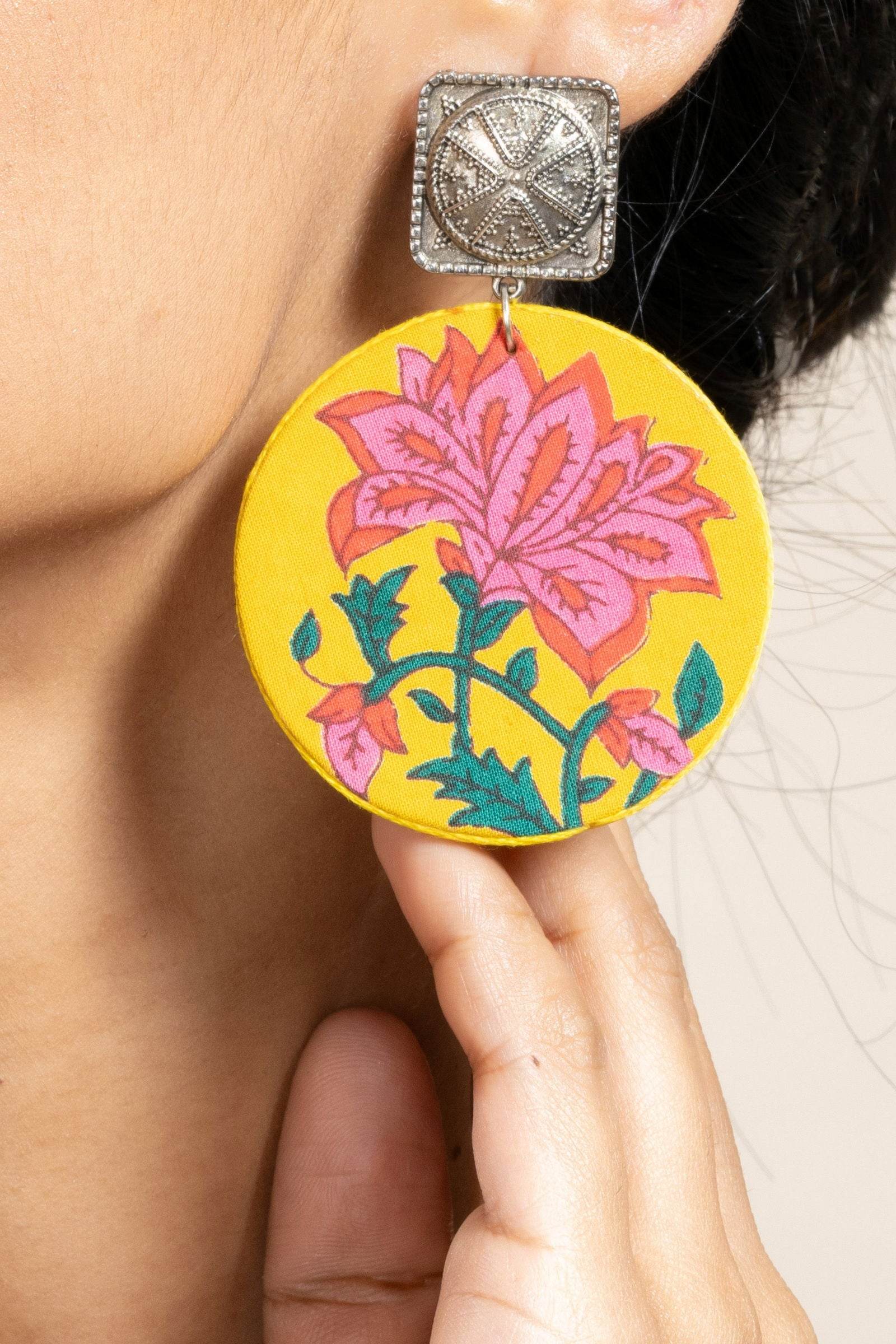 Handmade Yellow Floral Fabric with German Silver Square Stud Earrings for Every Occasion - Lookandadorn.com