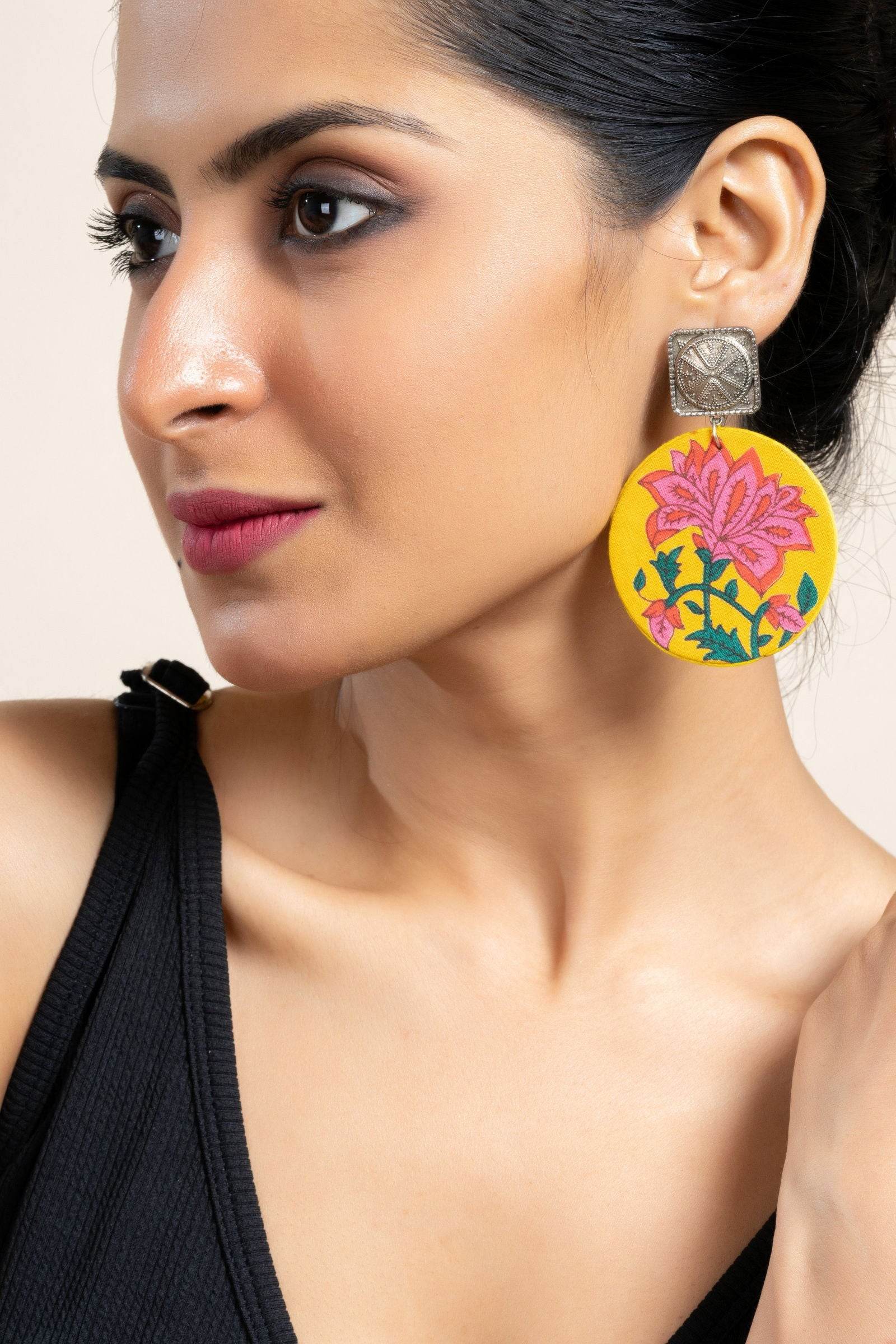 Handmade Yellow Floral Fabric with German Silver Square Stud Earrings for Every Occasion - Lookandadorn.com