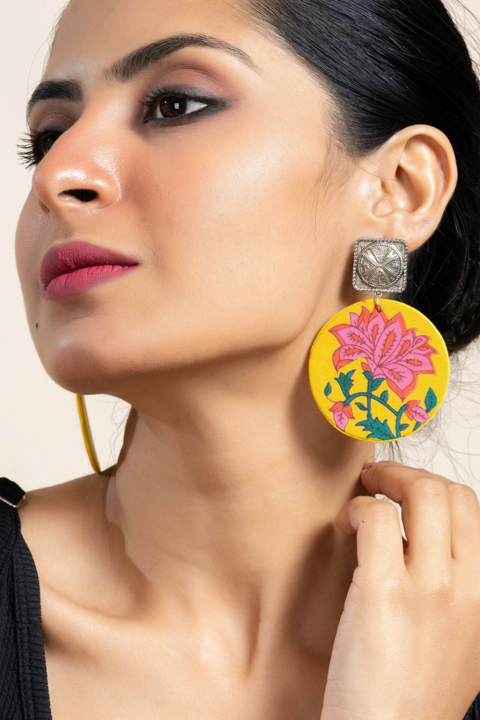 Handmade Yellow Floral Fabric with German Silver Square Stud Earrings for Every Occasion - Lookandadorn.com