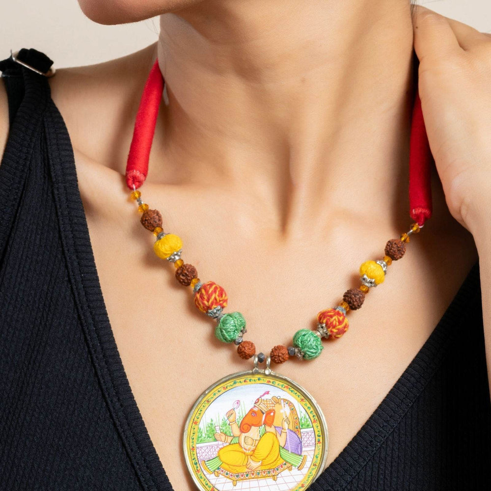 Handmade Yellow Miniature Handpainted Ganesha Pendant with Red Green Yellow Cotton Beads Necklace - Lookandadorn.com