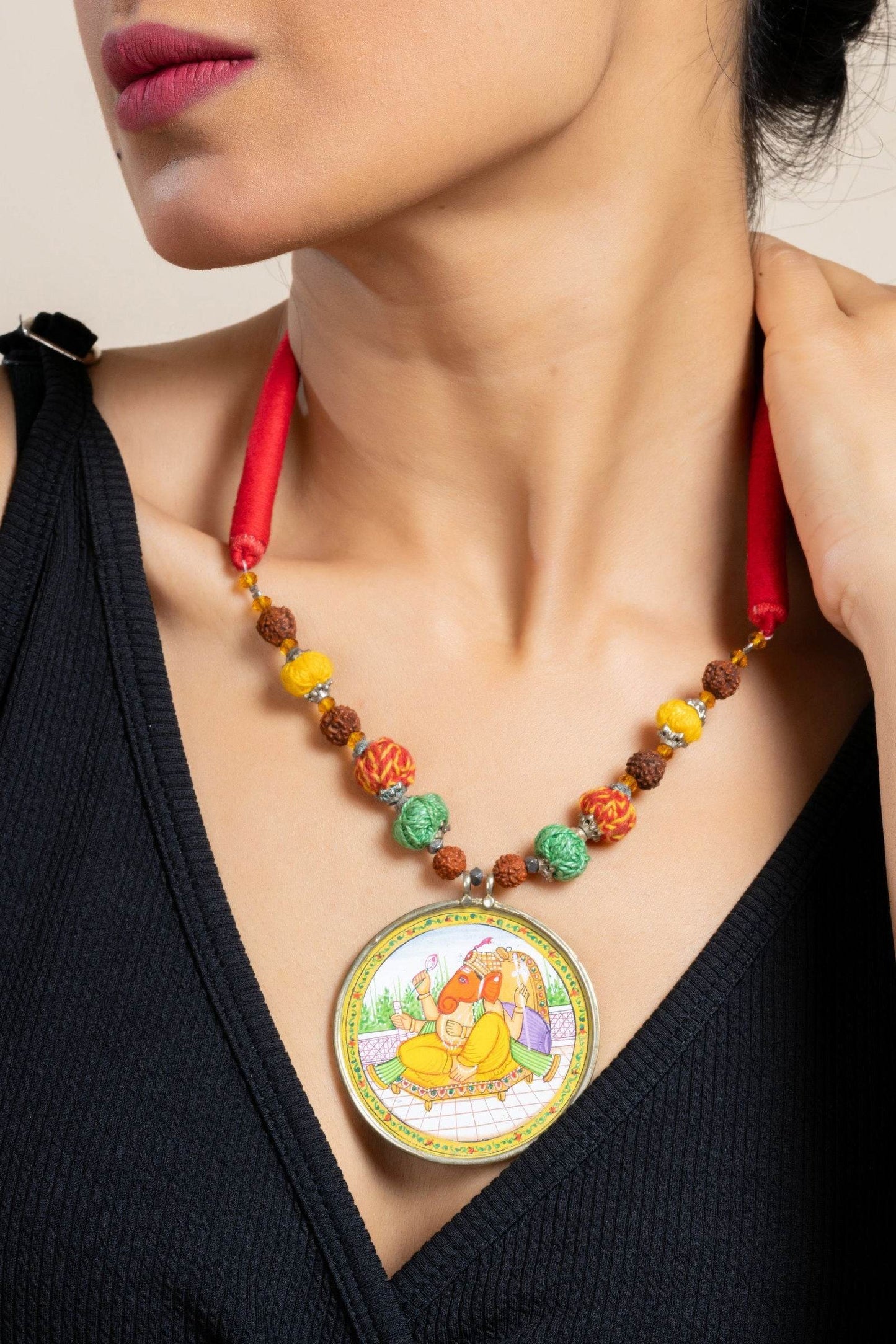 Handmade Yellow Miniature Handpainted Ganesha Pendant with Red Green Yellow Cotton Beads Necklace - Lookandadorn.com