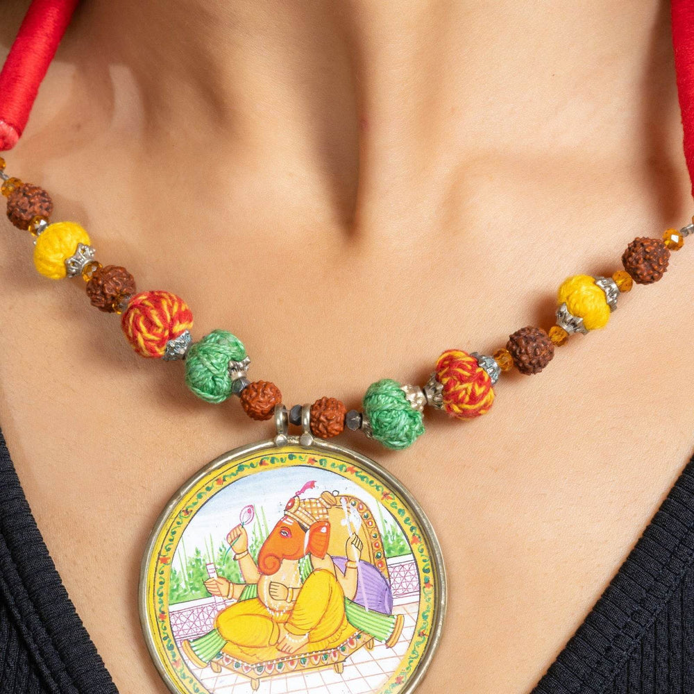 Handmade Yellow Miniature Handpainted Ganesha Pendant with Red Green Yellow Cotton Beads Necklace - Lookandadorn.com