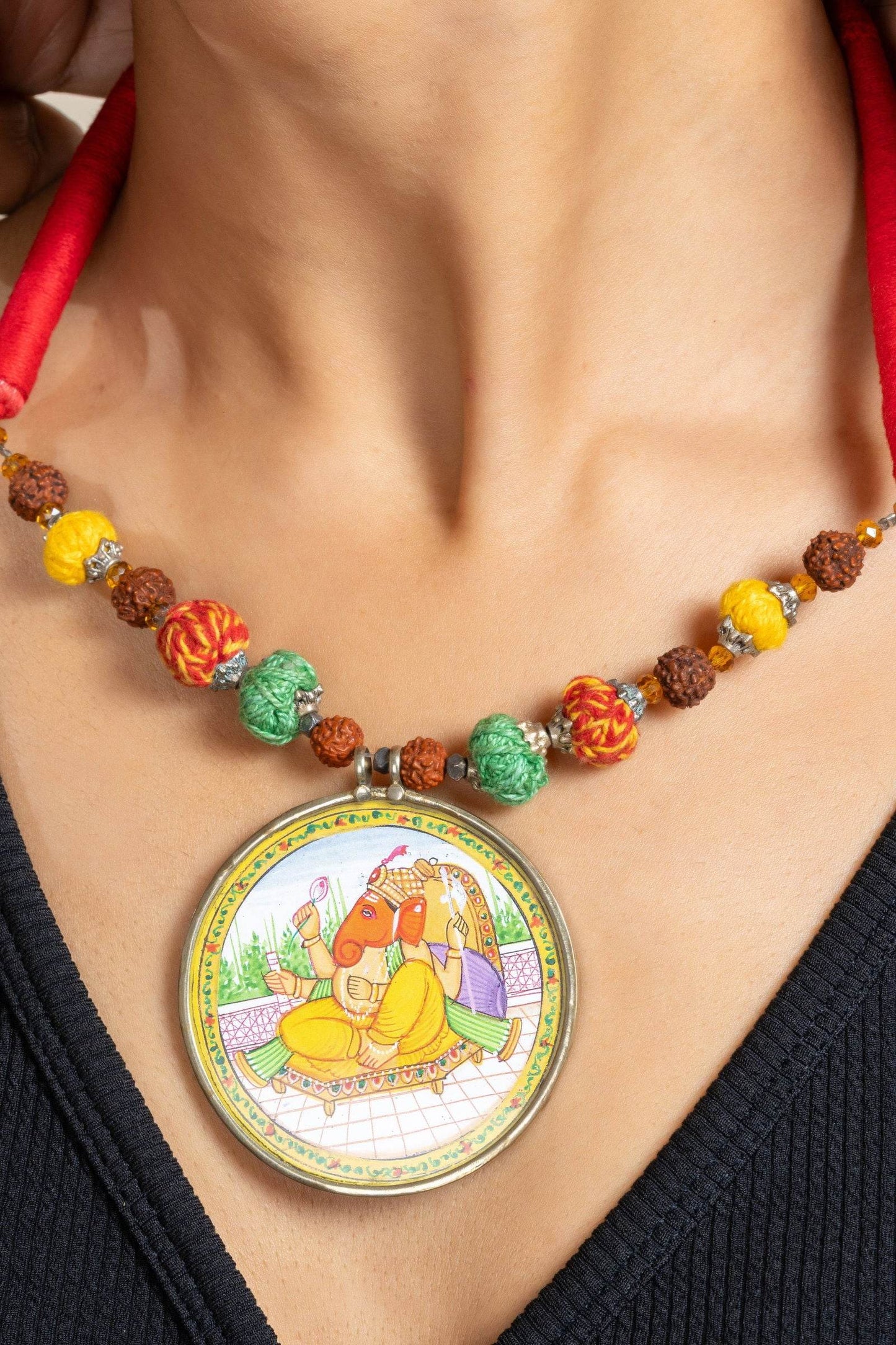 Handmade Yellow Miniature Handpainted Ganesha Pendant with Red Green Yellow Cotton Beads Necklace - Lookandadorn.com