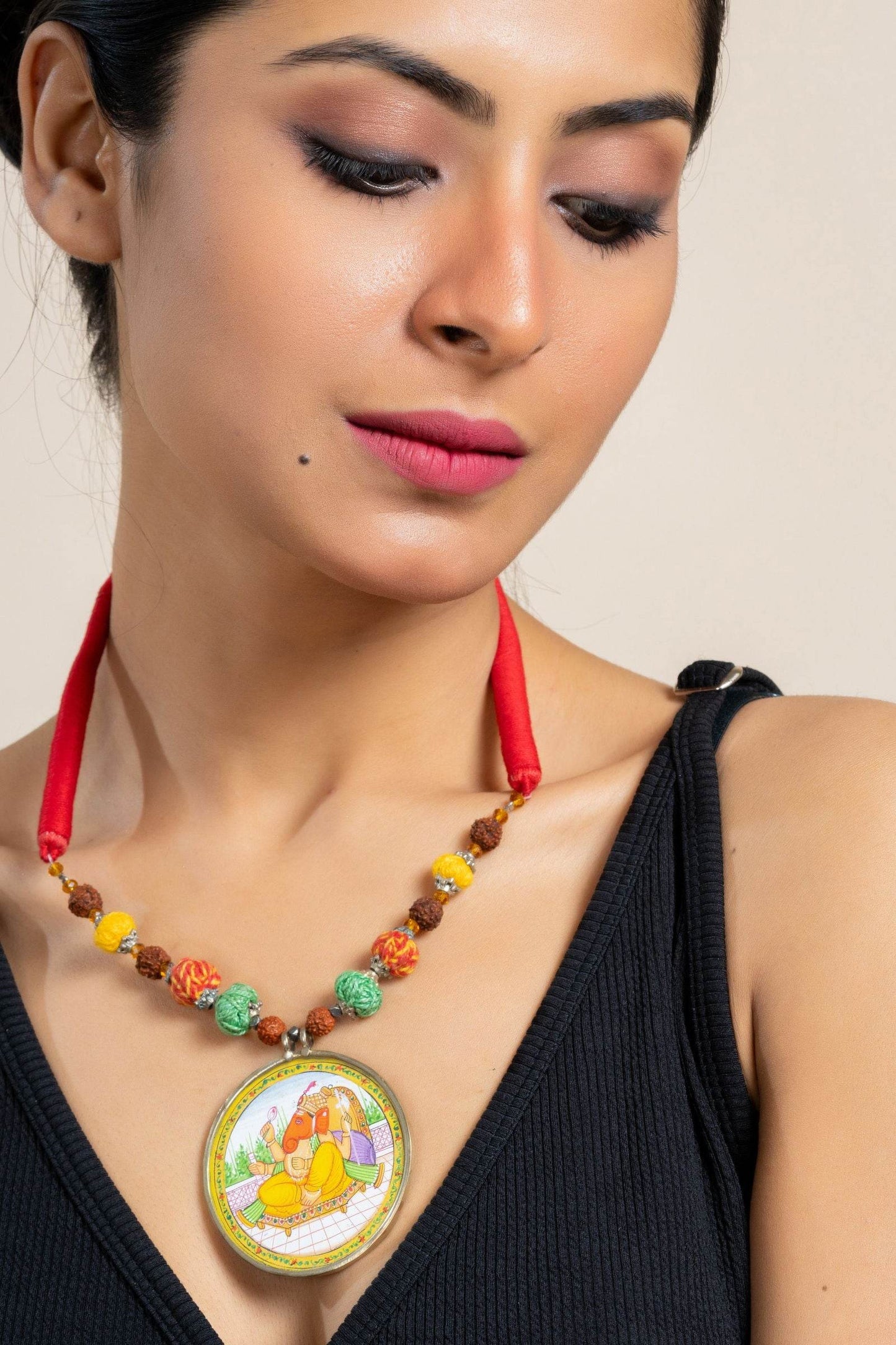 Handmade Yellow Miniature Handpainted Ganesha Pendant with Red Green Yellow Cotton Beads Necklace - Lookandadorn.com