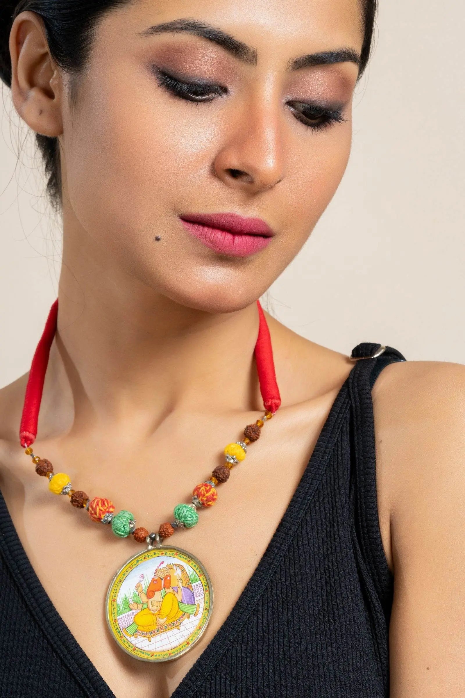 Handmade Yellow Miniature Handpainted Ganesha Pendant with Red Green Yellow Cotton Beads Necklace - Lookandadorn.com