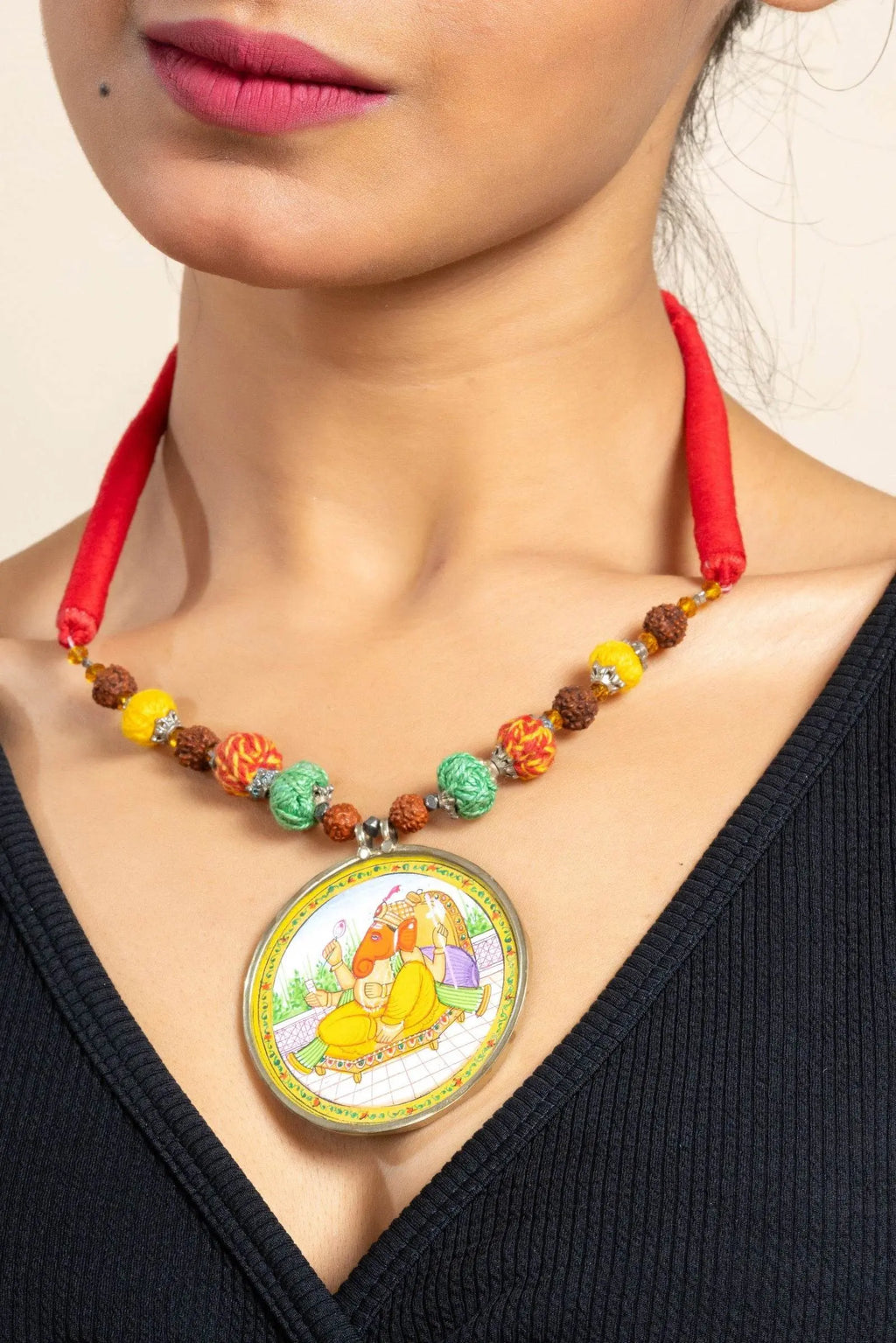 Handmade Yellow Miniature Handpainted Ganesha Pendant with Red Green Yellow Cotton Beads Necklace - Lookandadorn.com