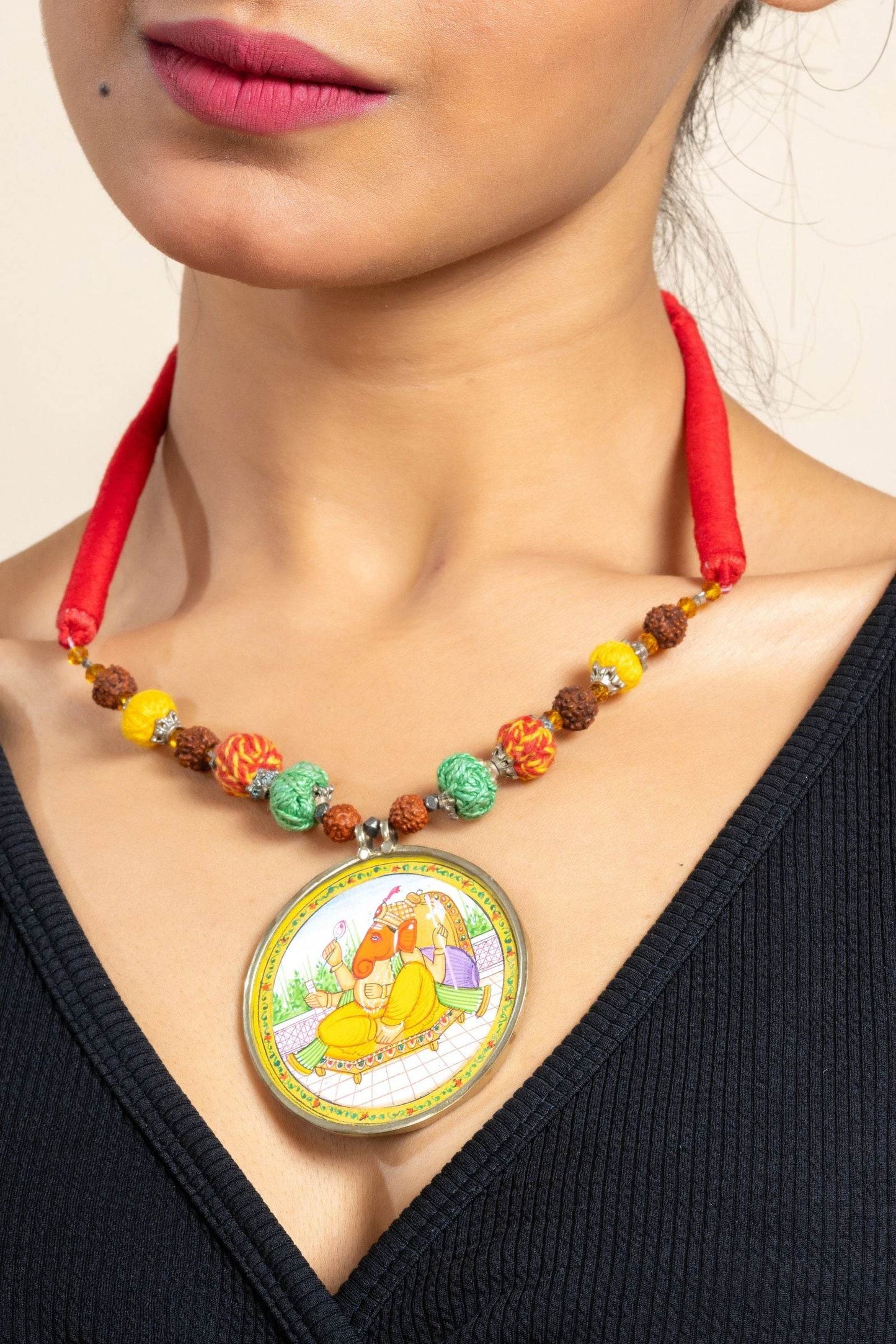 Handmade Yellow Miniature Handpainted Ganesha Pendant with Red Green Yellow Cotton Beads Necklace - Lookandadorn.com