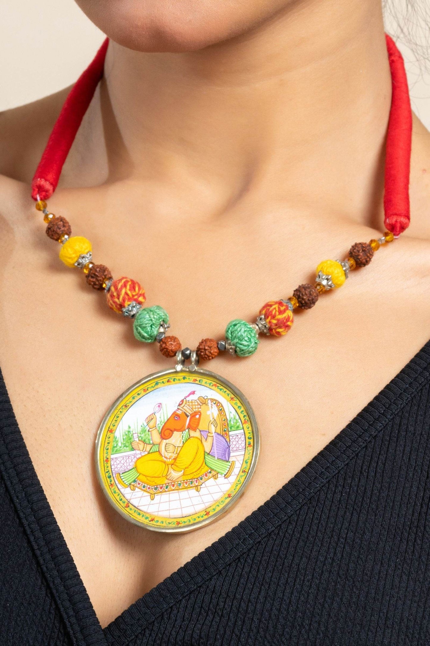 Handmade Yellow Miniature Handpainted Ganesha Pendant with Red Green Yellow Cotton Beads Necklace - Lookandadorn.com