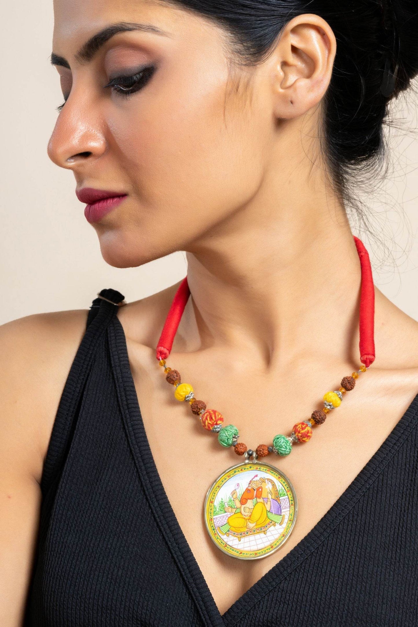 Handmade Yellow Miniature Handpainted Ganesha Pendant with Red Green Yellow Cotton Beads Necklace - Lookandadorn.com