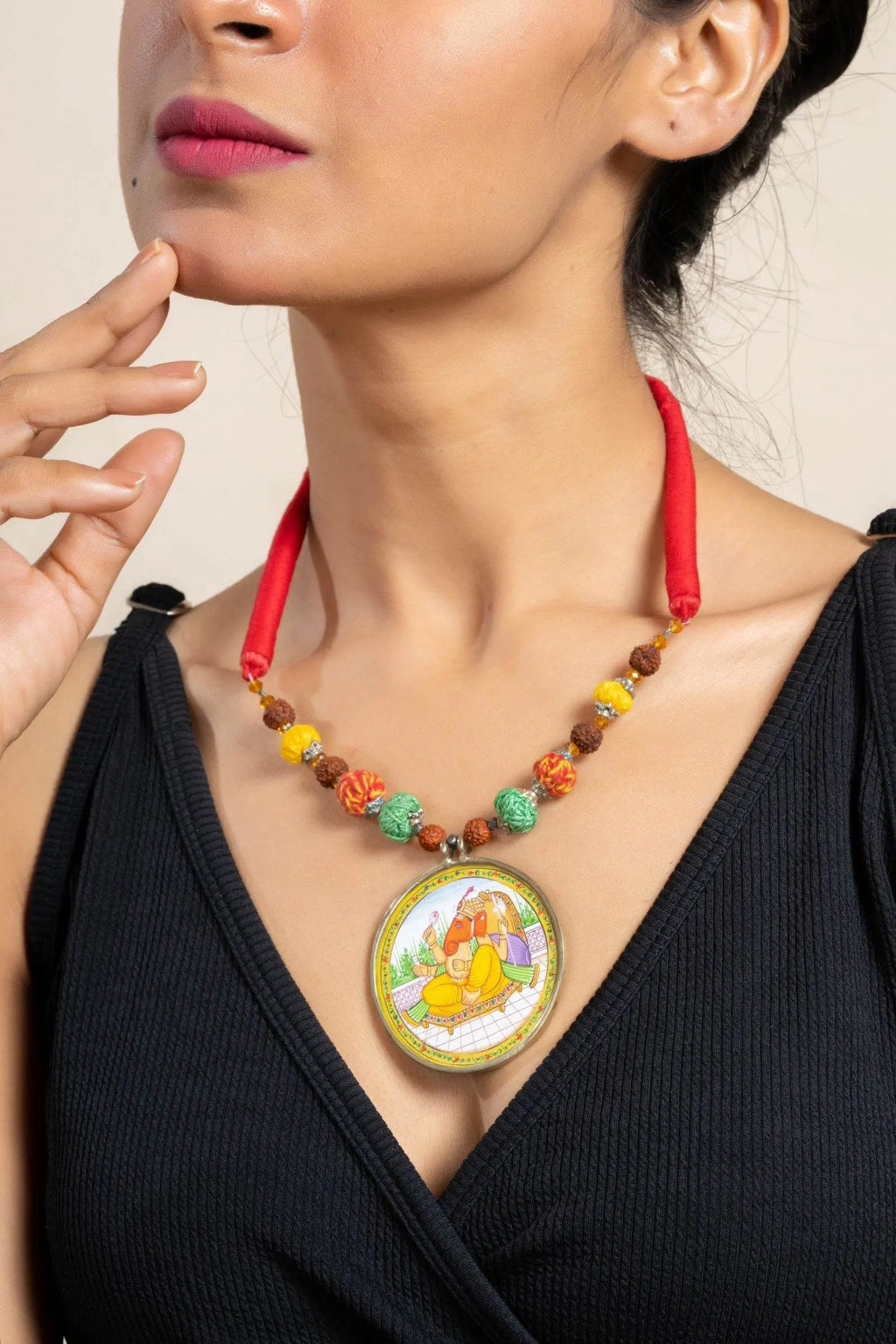 Handmade Yellow Miniature Handpainted Ganesha Pendant with Red Green Yellow Cotton Beads Necklace - Lookandadorn.com