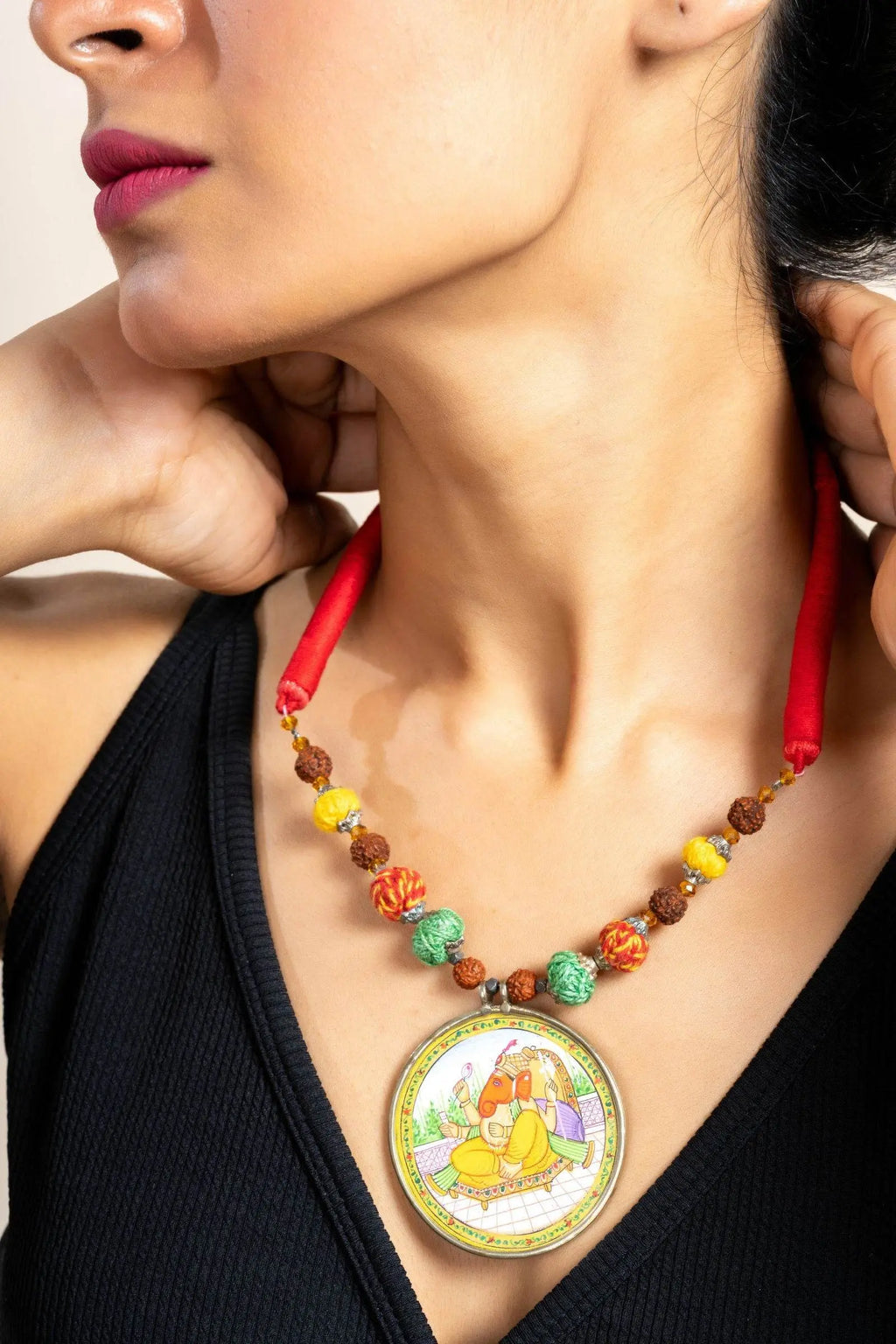 Handmade Yellow Miniature Handpainted Ganesha Pendant with Red Green Yellow Cotton Beads Necklace - Lookandadorn.com