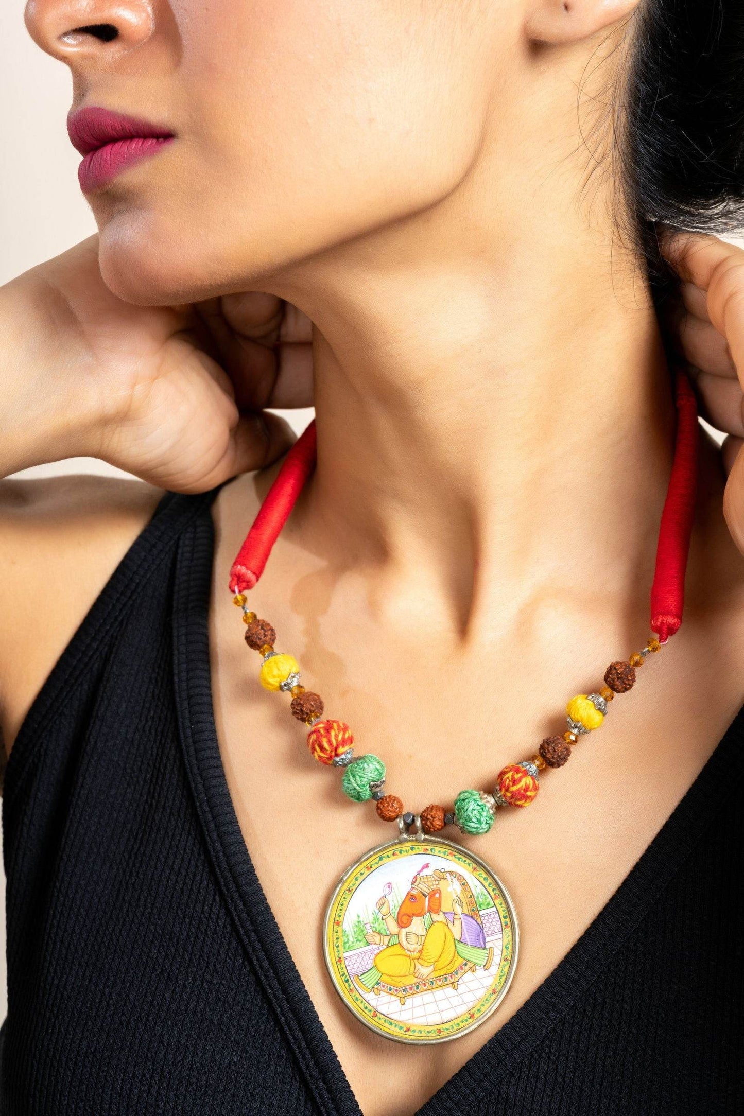 Handmade Yellow Miniature Handpainted Ganesha Pendant with Red Green Yellow Cotton Beads Necklace - Lookandadorn.com