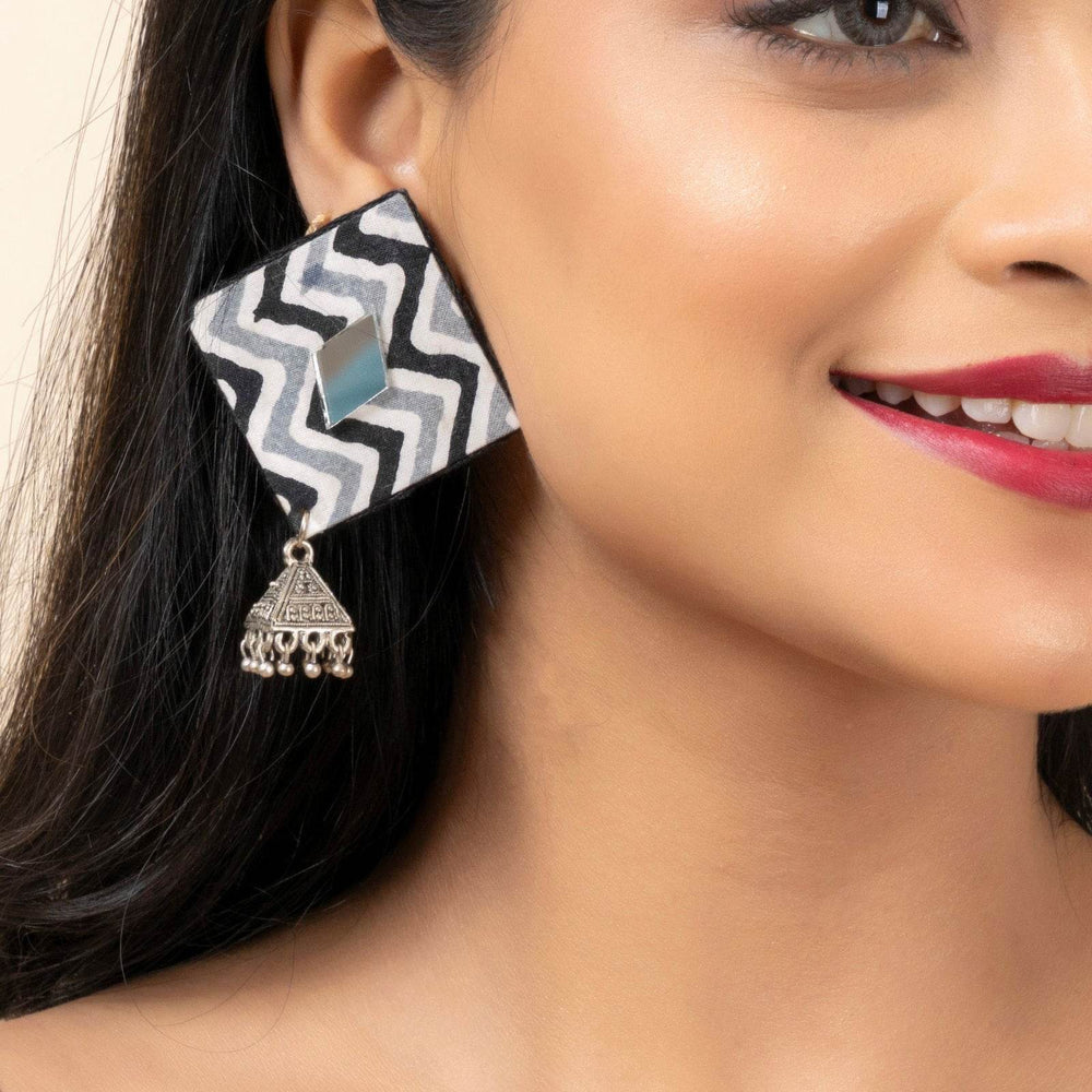 Handmade Gray Black Zigzag Cotton Fabric Stud with German Silver Jhumka Earrings - Lookandadorn.com