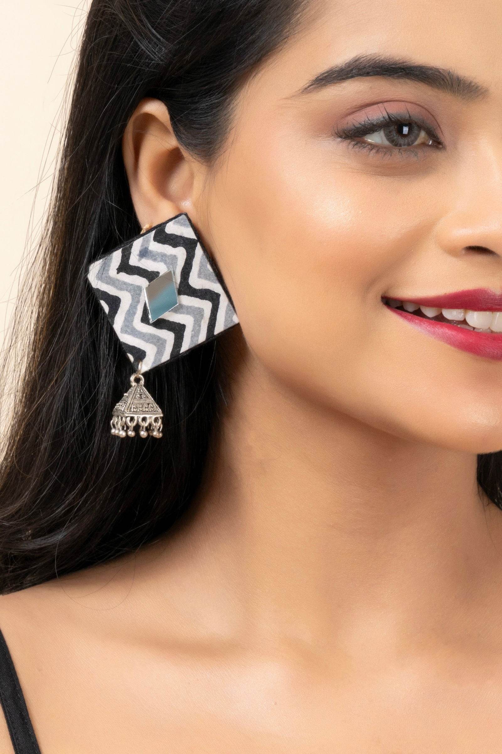 Handmade Gray Black Zigzag Cotton Fabric Stud with German Silver Jhumka Earrings - Lookandadorn.com