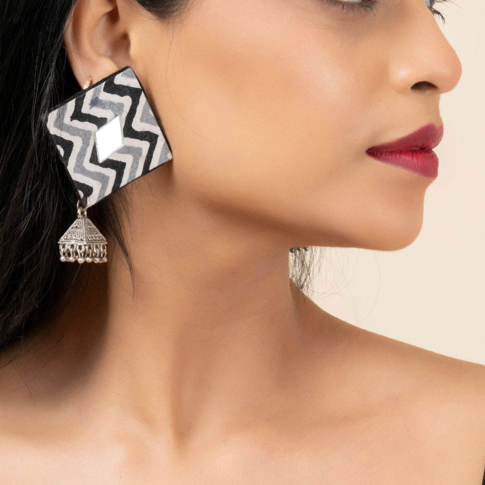 Handmade Gray Black Zigzag Cotton Fabric Stud with German Silver Jhumka Earrings - Lookandadorn.com