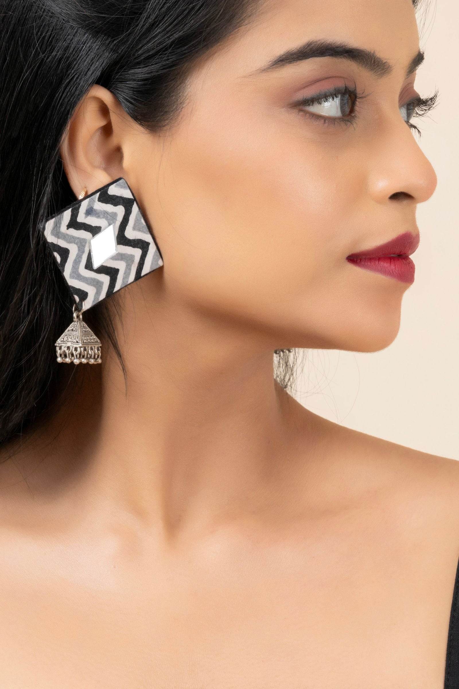 Handmade Gray Black Zigzag Cotton Fabric Stud with German Silver Jhumka Earrings - Lookandadorn.com