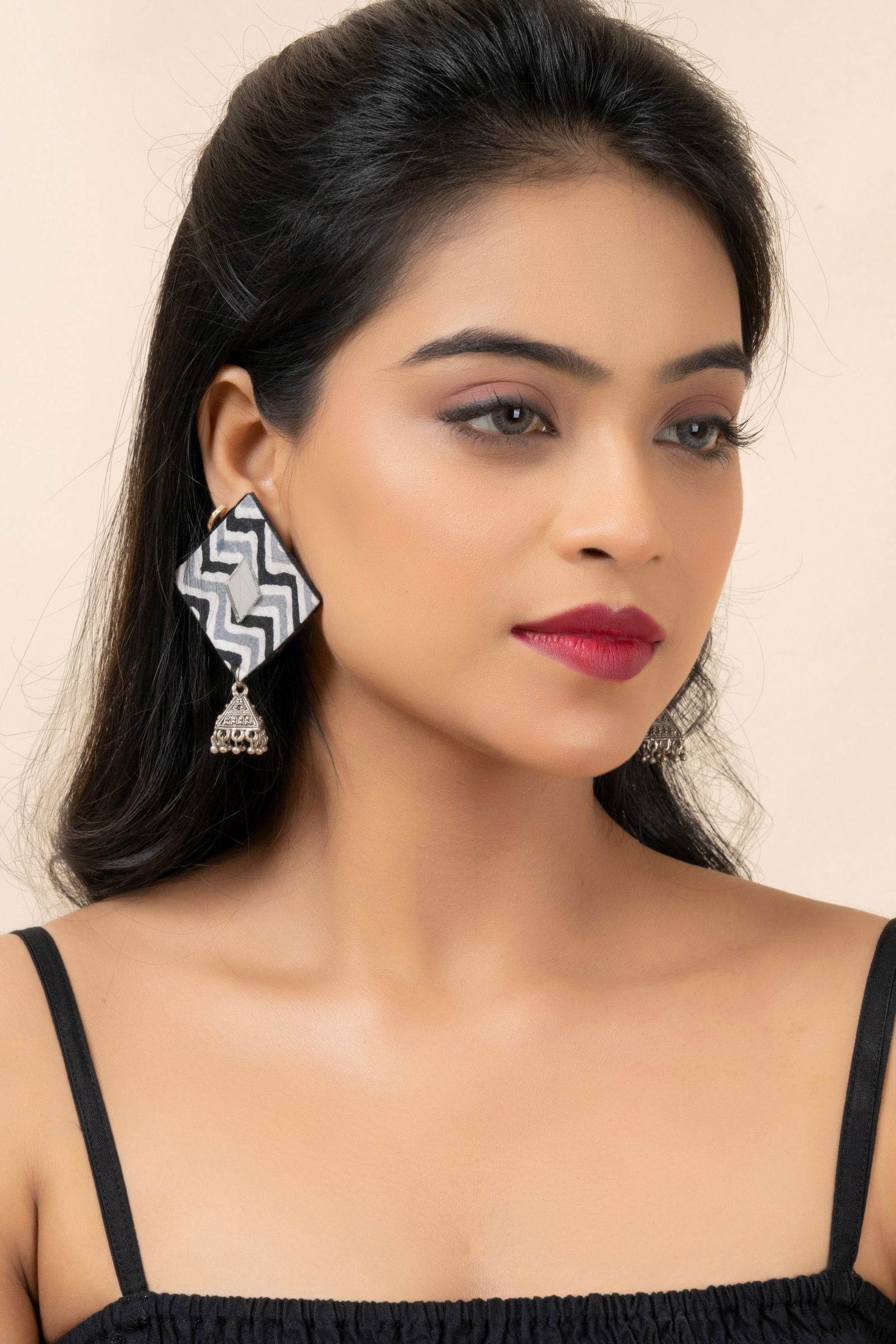 Handmade Gray Black Zigzag Cotton Fabric Stud with German Silver Jhumka Earrings - Lookandadorn.com