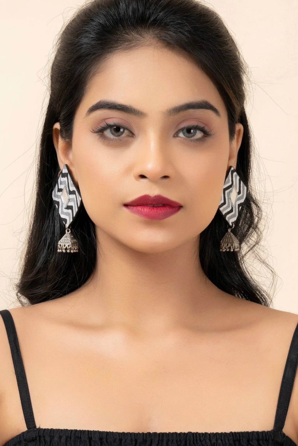 Handmade Gray Black Zigzag Cotton Fabric Stud with German Silver Jhumka Earrings - Lookandadorn.com