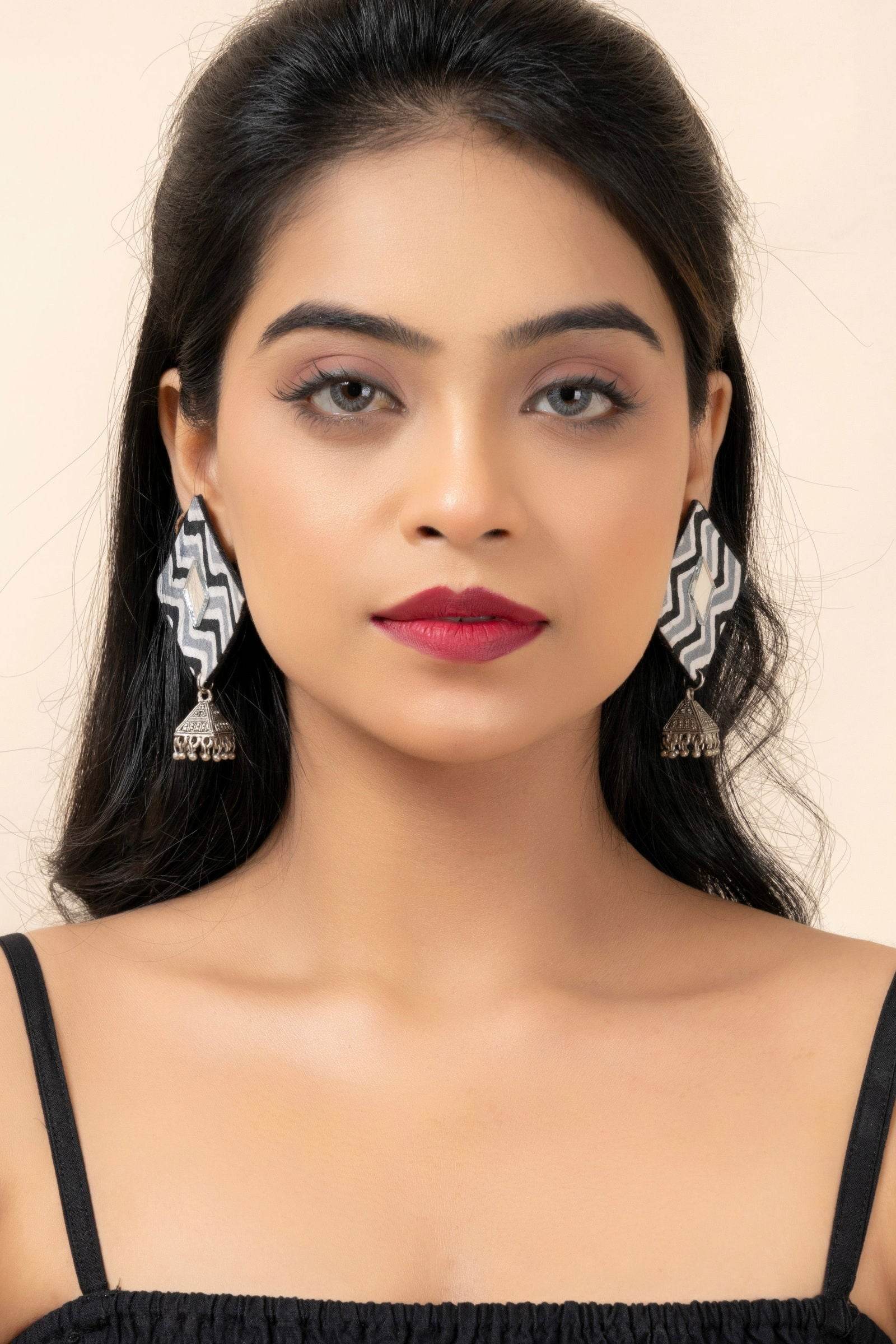 Handmade Gray Black Zigzag Cotton Fabric Stud with German Silver Jhumka Earrings - Lookandadorn.com