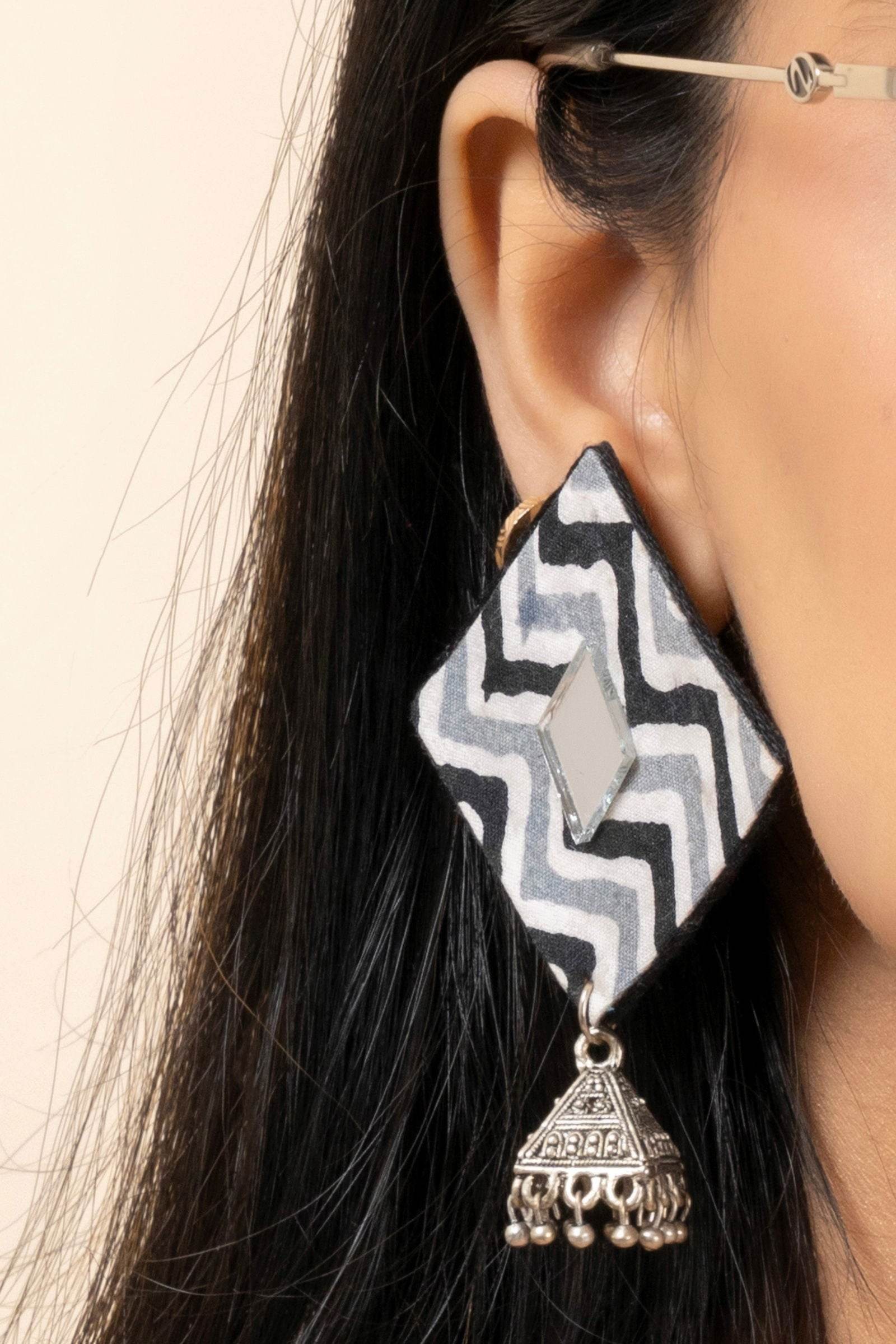 Handmade Gray Black Zigzag Cotton Fabric Stud with German Silver Jhumka Earrings - Lookandadorn.com