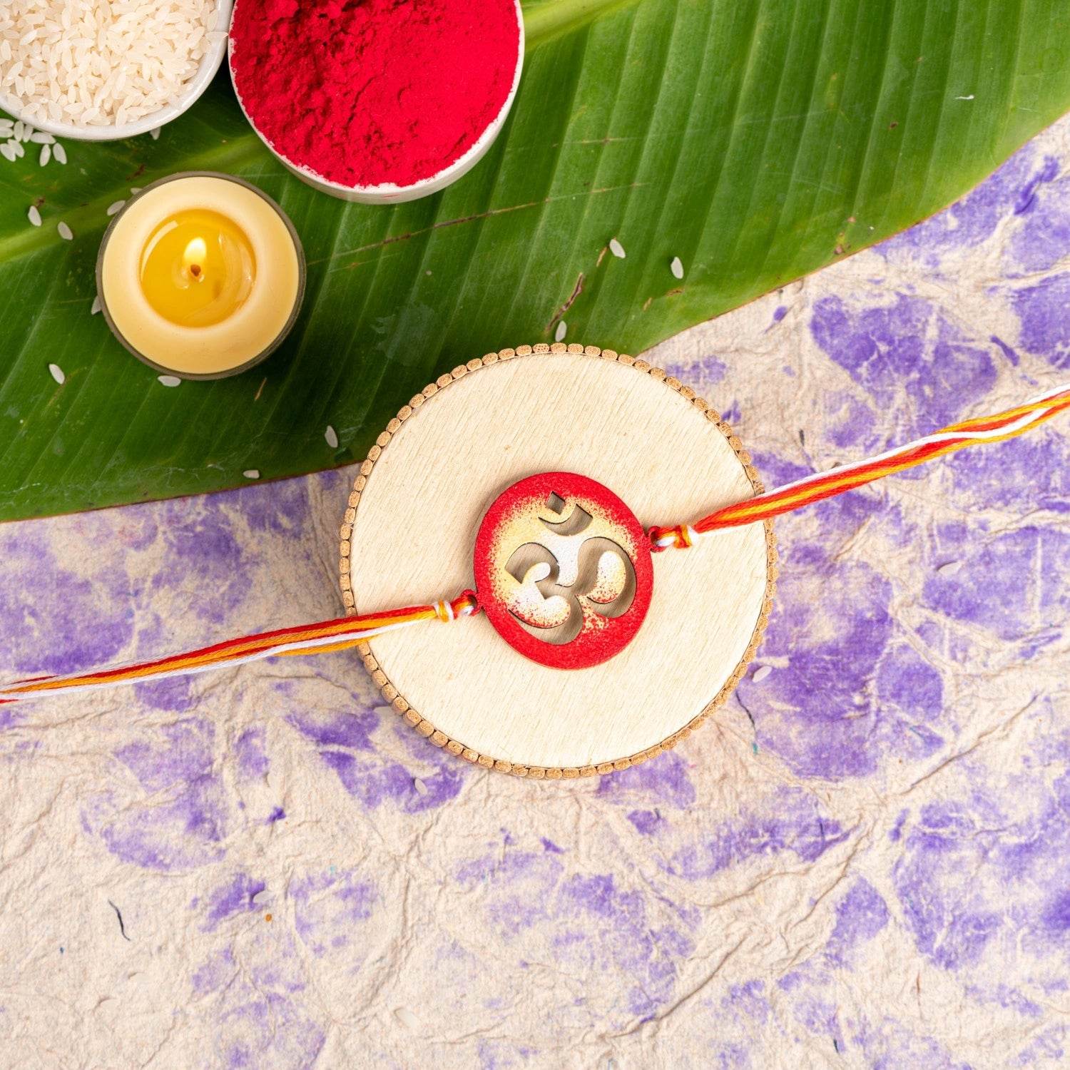 Handpainted Circular Red Om Designer Rakhi Set with Roli & Chawal - Unique Handmade Gift for Brother - Lookandadorn.com