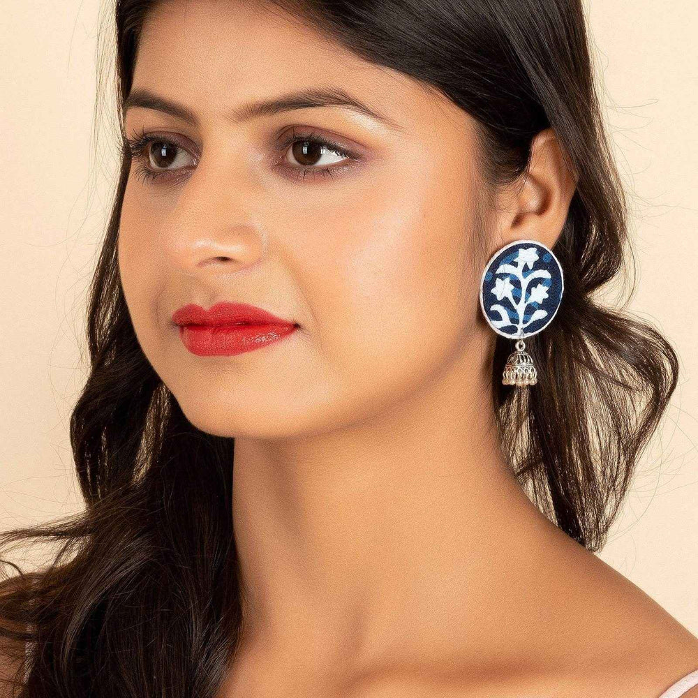 Handmade Indigo Cotton Fabric Stud Jhumka Earrings with Oxidized Silver, Perfect for All Occasions - Lookandadorn.com
