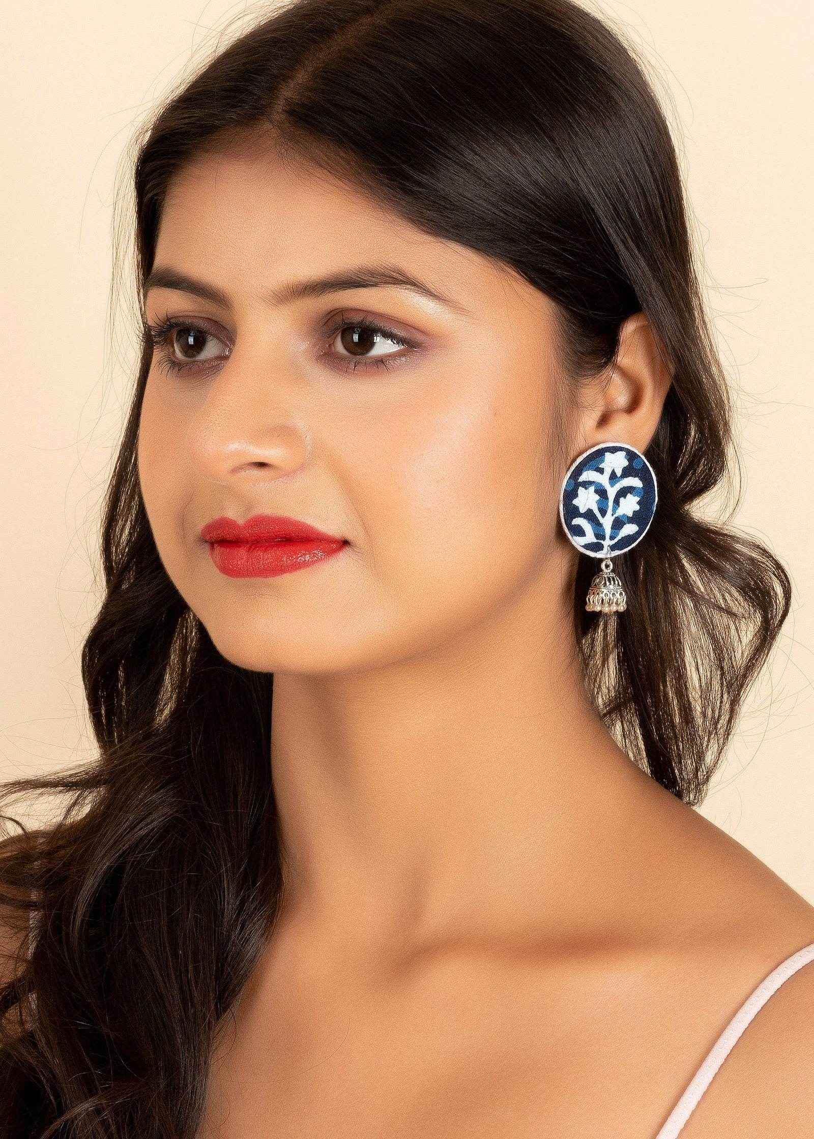 Handmade Indigo Cotton Fabric Stud Jhumka Earrings with Oxidized Silver, Perfect for All Occasions - Lookandadorn.com