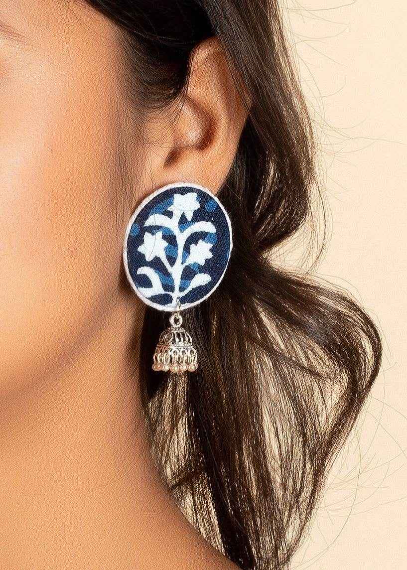Handmade Indigo Cotton Fabric Stud Jhumka Earrings with Oxidized Silver, Perfect for All Occasions - Lookandadorn.com