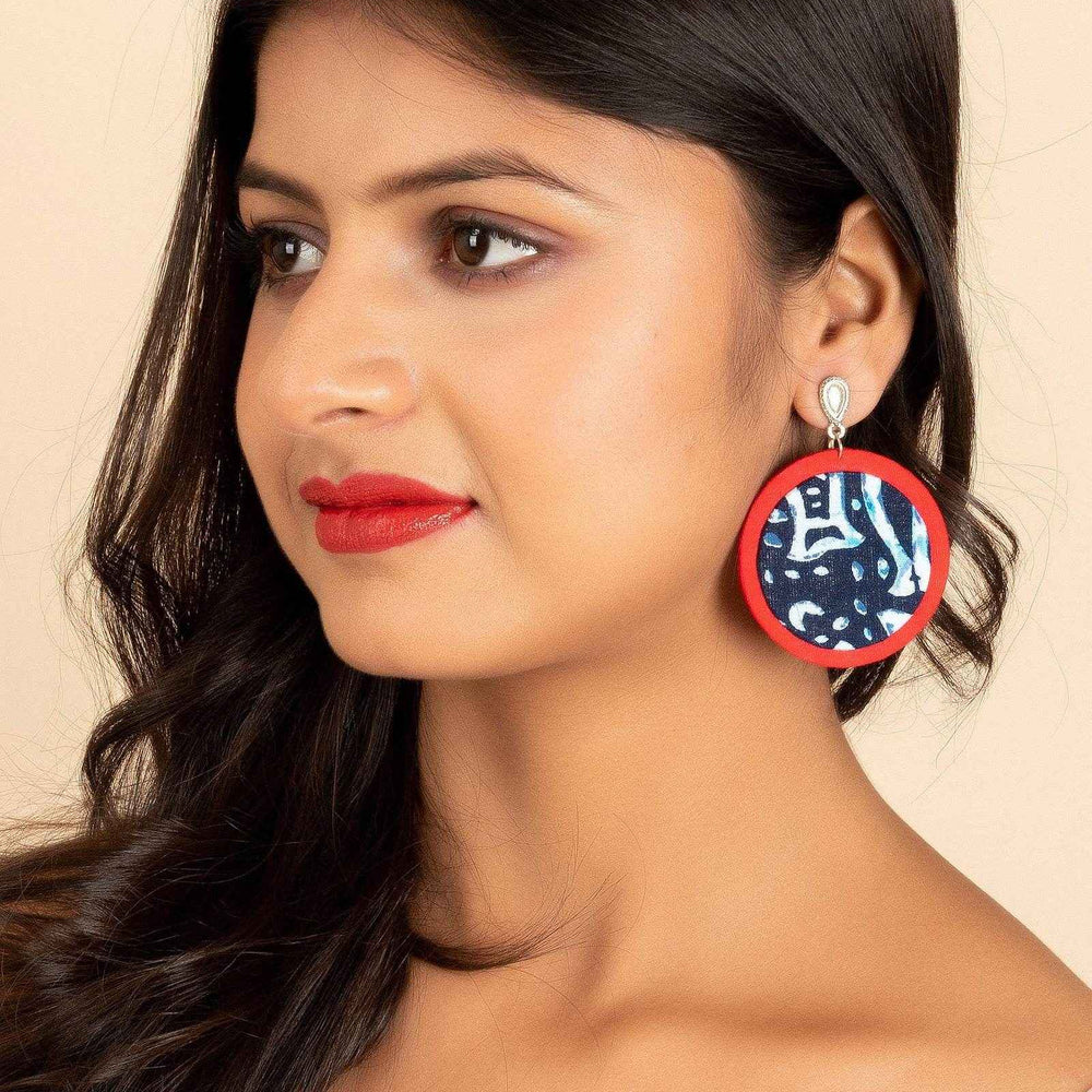 Handmade Indigo Red Lightweight Fish Fabric Drop with Oxidised Silver Stud Earrings for All Occasions - Lookandadorn.com