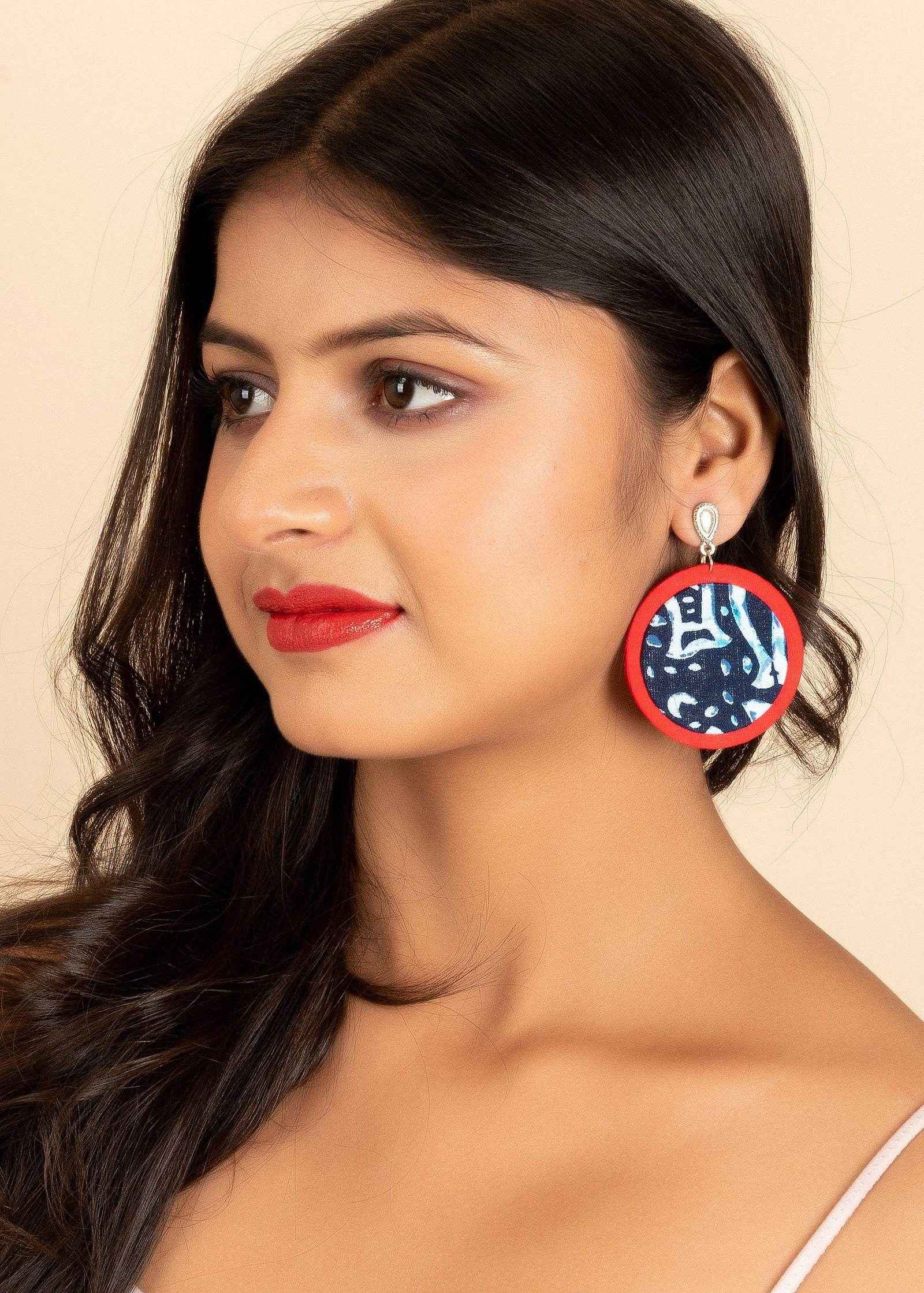 Handmade Indigo Red Lightweight Fish Fabric Drop with Oxidised Silver Stud Earrings for All Occasions - Lookandadorn.com
