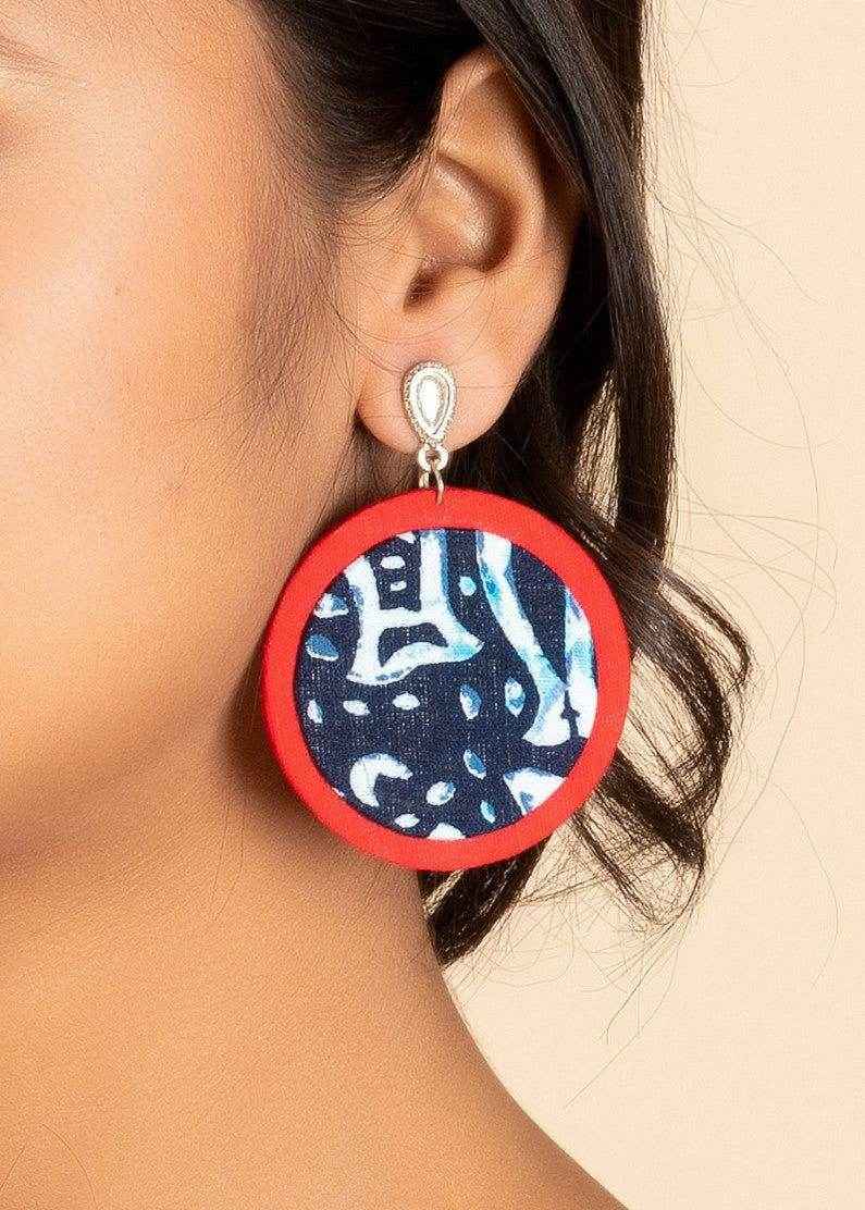Handmade Indigo Red Lightweight Fish Fabric Drop with Oxidised Silver Stud Earrings for All Occasions - Lookandadorn.com