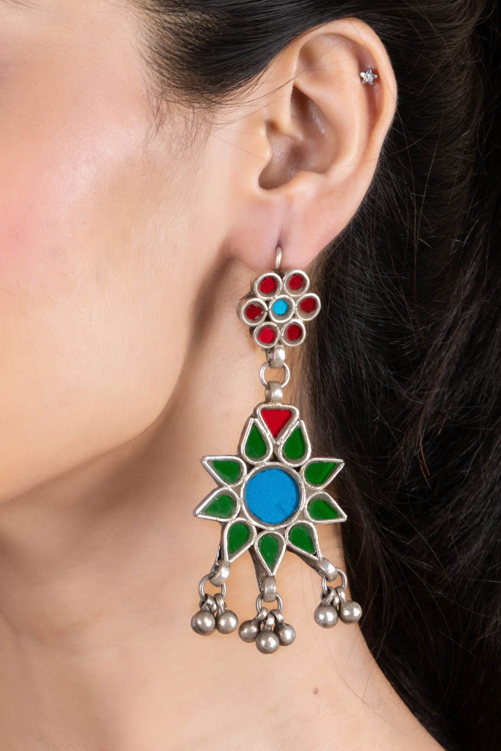 Intricate Red, Blue, Green Floral Glasswork Afghan Replica Dangler Earrings for Global Elegance - Lookandadorn.com