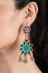 Intricate Red, Blue, Green Floral Glasswork Afghan Replica Dangler Earrings for Global Elegance - Lookandadorn.com
