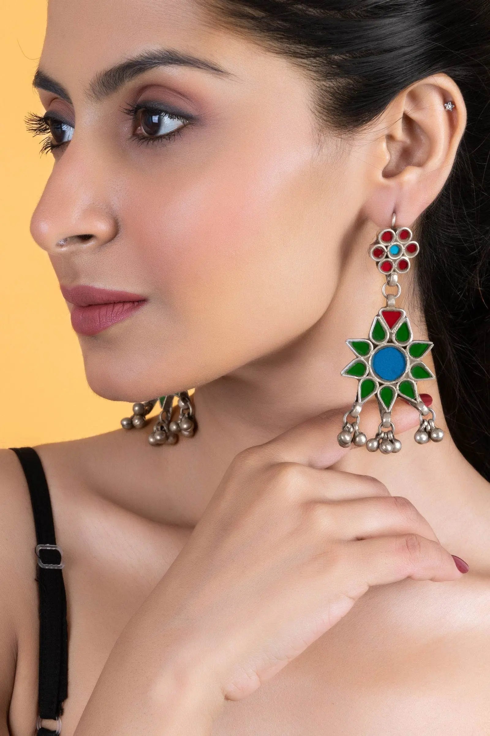 Intricate Red, Blue, Green Floral Glasswork Afghan Replica Dangler Earrings for Global Elegance - Lookandadorn.com