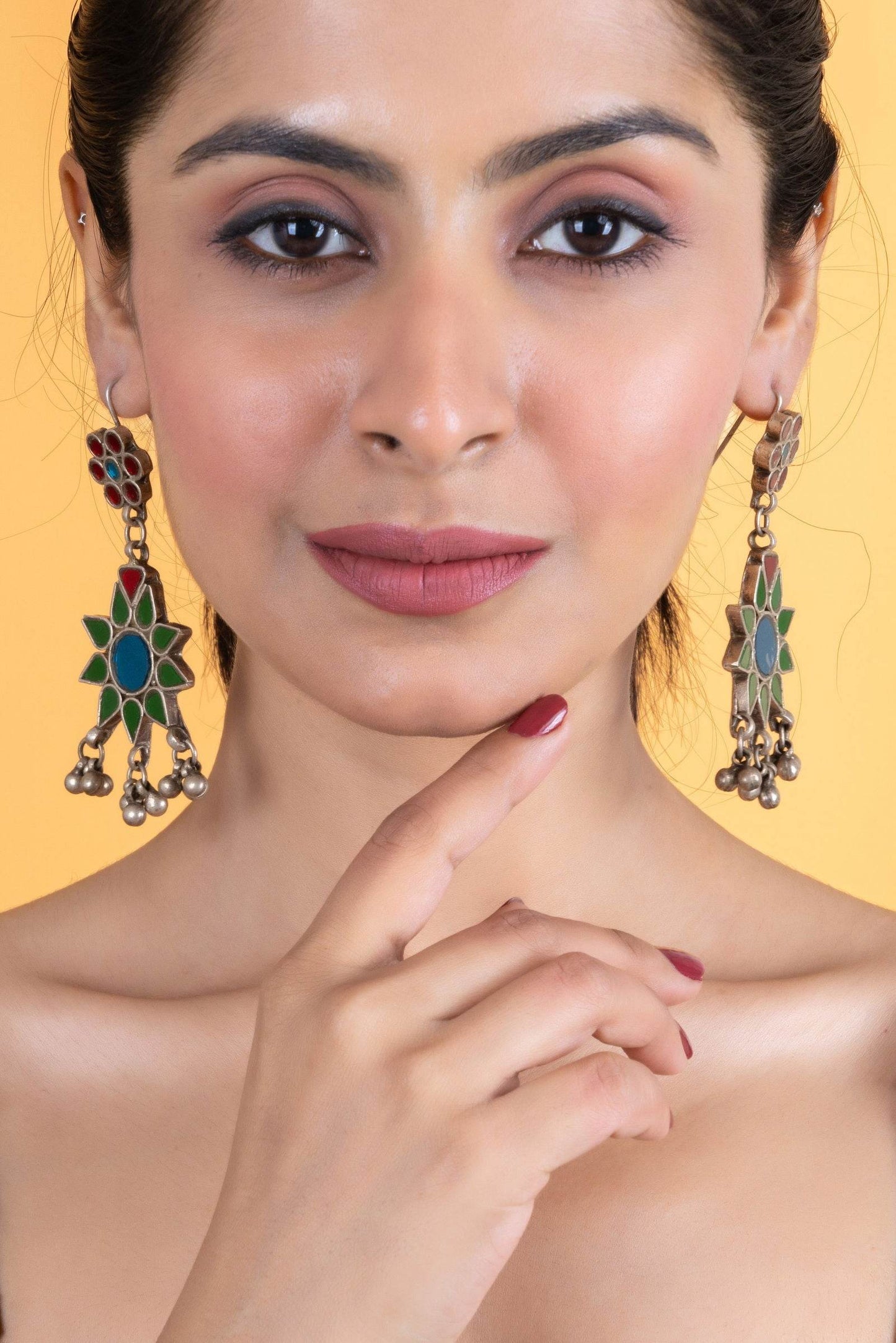 Intricate Red, Blue, Green Floral Glasswork Afghan Replica Dangler Earrings for Global Elegance - Lookandadorn.com