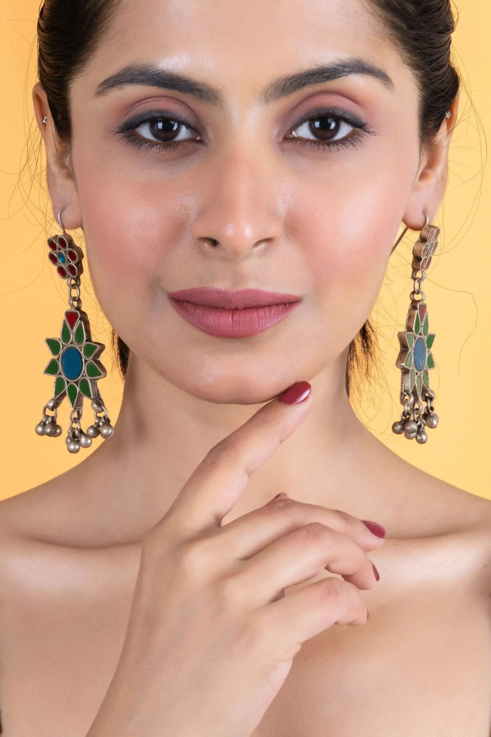 Intricate Red, Blue, Green Floral Glasswork Afghan Replica Dangler Earrings for Global Elegance - Lookandadorn.com
