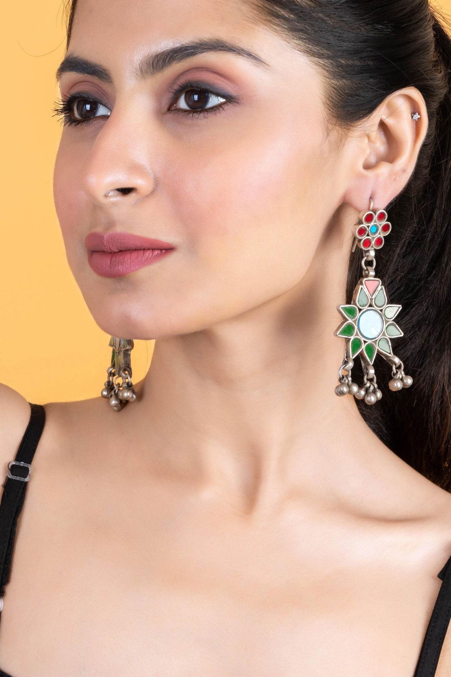 Intricate Red, Blue, Green Floral Glasswork Afghan Replica Dangler Earrings for Global Elegance - Lookandadorn.com