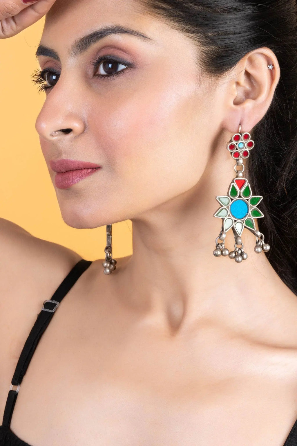 Intricate Red, Blue, Green Floral Glasswork Afghan Replica Dangler Earrings for Global Elegance - Lookandadorn.com