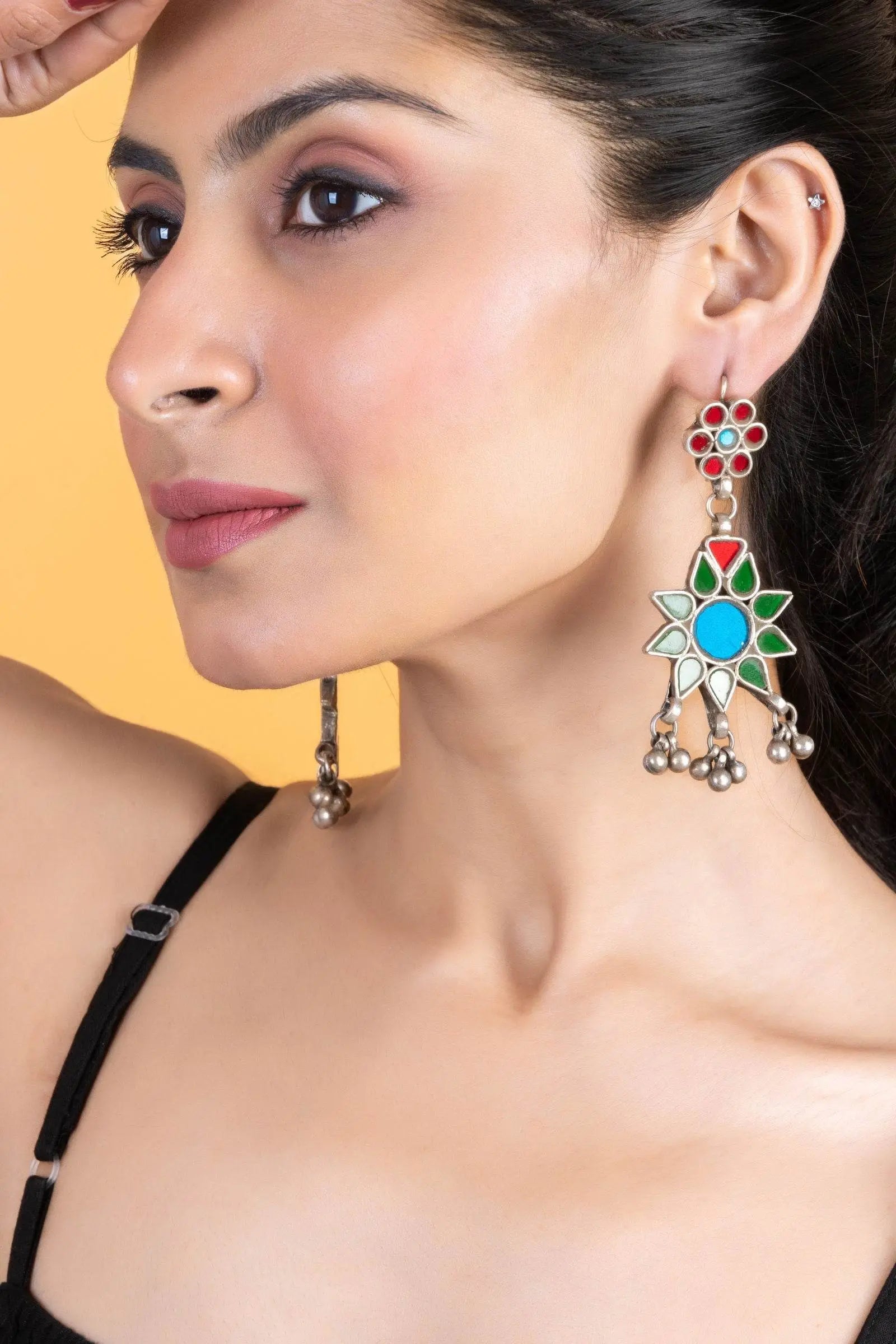 Intricate Red, Blue, Green Floral Glasswork Afghan Replica Dangler Earrings for Global Elegance - Lookandadorn.com