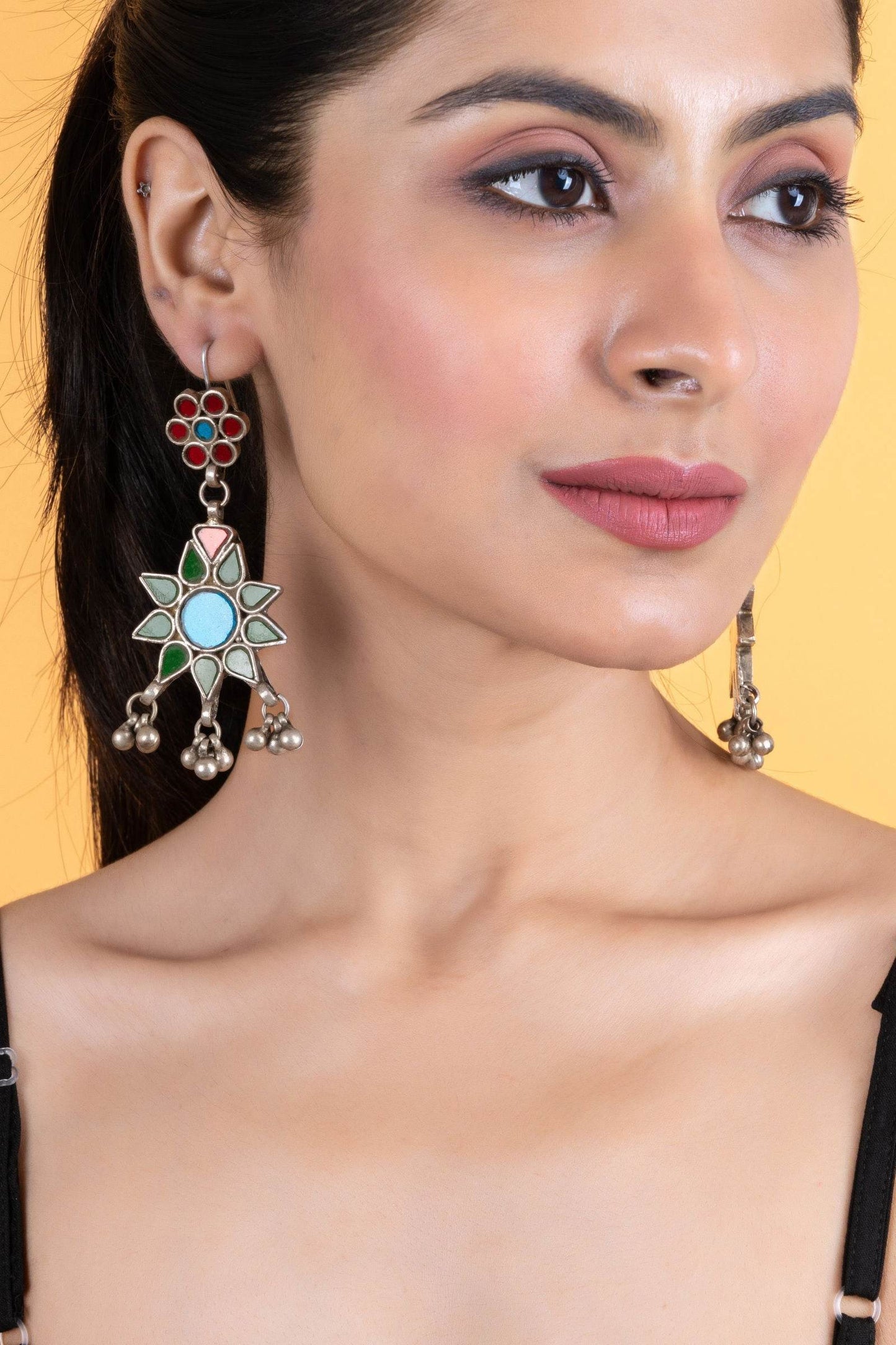 Intricate Red, Blue, Green Floral Glasswork Afghan Replica Dangler Earrings for Global Elegance - Lookandadorn.com