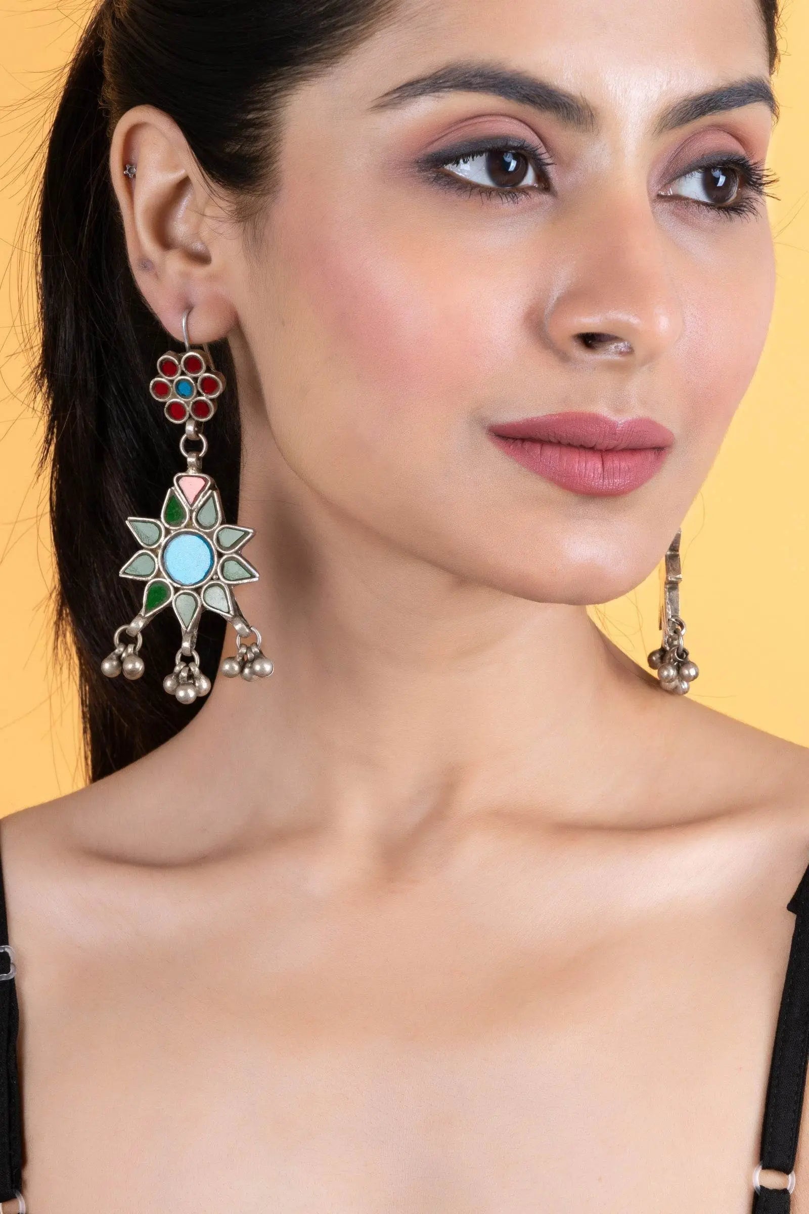 Intricate Red, Blue, Green Floral Glasswork Afghan Replica Dangler Earrings for Global Elegance - Lookandadorn.com